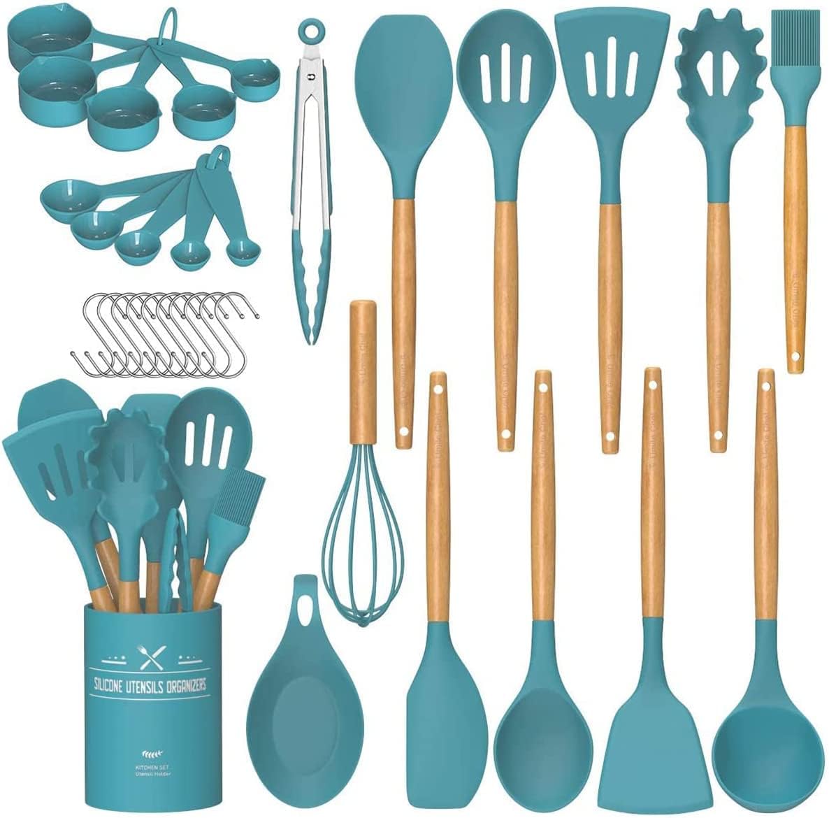Kitchen Cooking Utensils Set, 33 pcs Non-Stick Silicone Cooking Kitchen Utensils Spatula Set with Holder, Wooden Handle Silicone Kitchen Gadgets Utensil Set