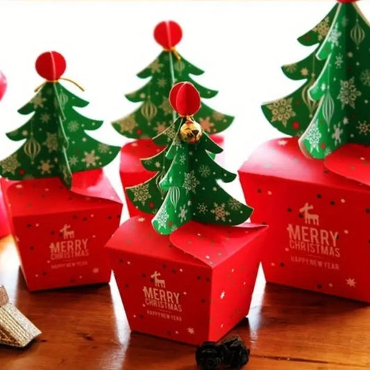 3D Mini Christmas Treat Gift Boxes, 10 Pcs Party Favors Candy Goody Boxes, Christmas Tree Shape with Bells
