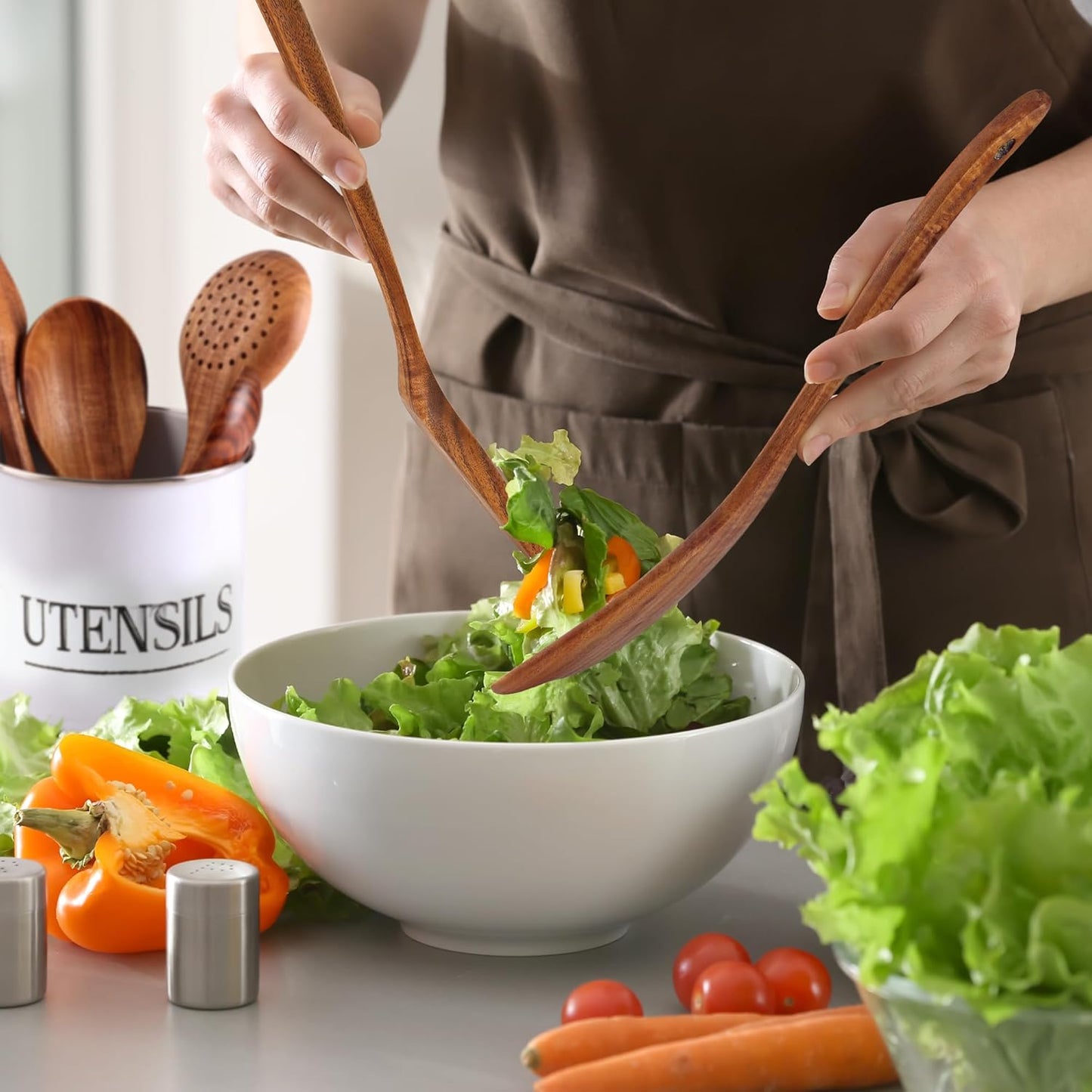 6-Piece Wooden Cooking Spoons Set – Heat-Resistant, Smooth Teak Utensils with Comfort Grip – Lightweight & Durable – Easy to Clean, Perfect for Non-Stick Cookware