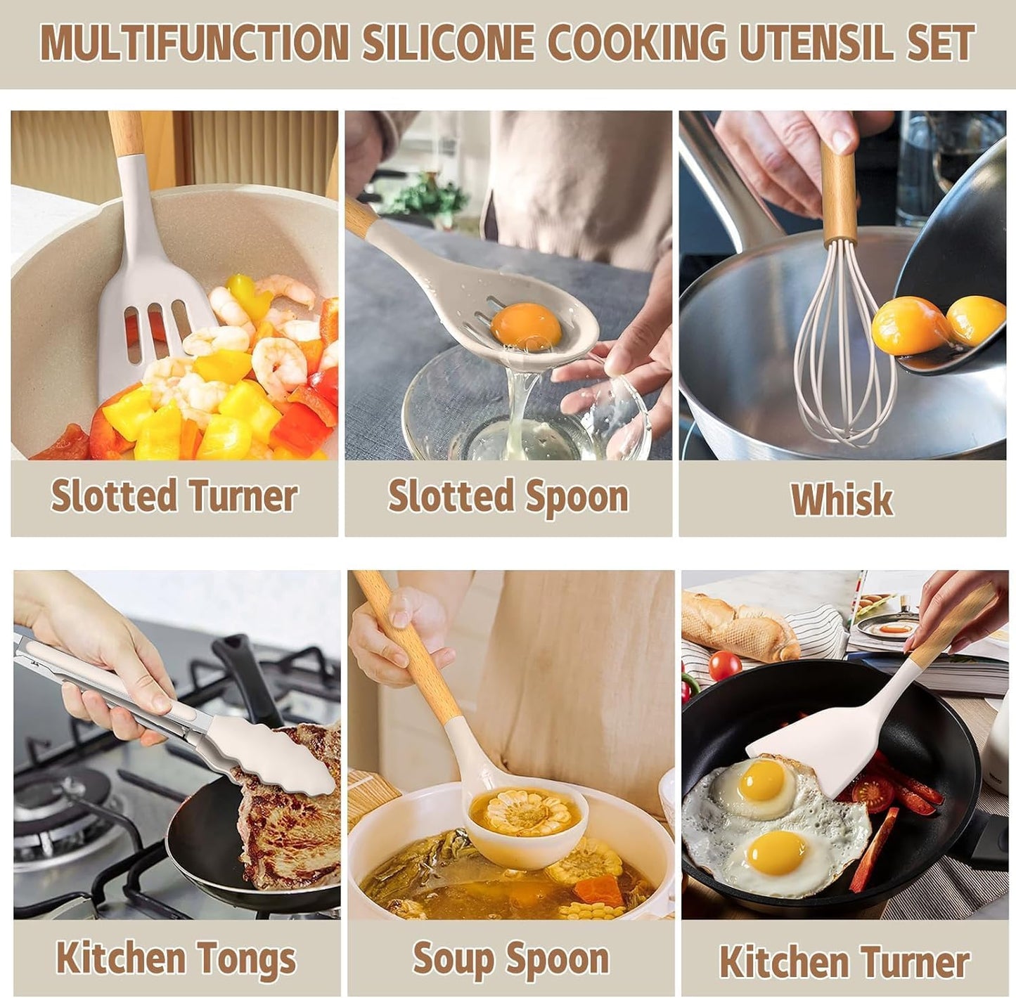 Kitchen Cooking Utensils Set, 33 pcs Non-Stick Silicone Cooking Kitchen Utensils Spatula Set with Holder, Wooden Handle Silicone Kitchen Gadgets Utensil Set