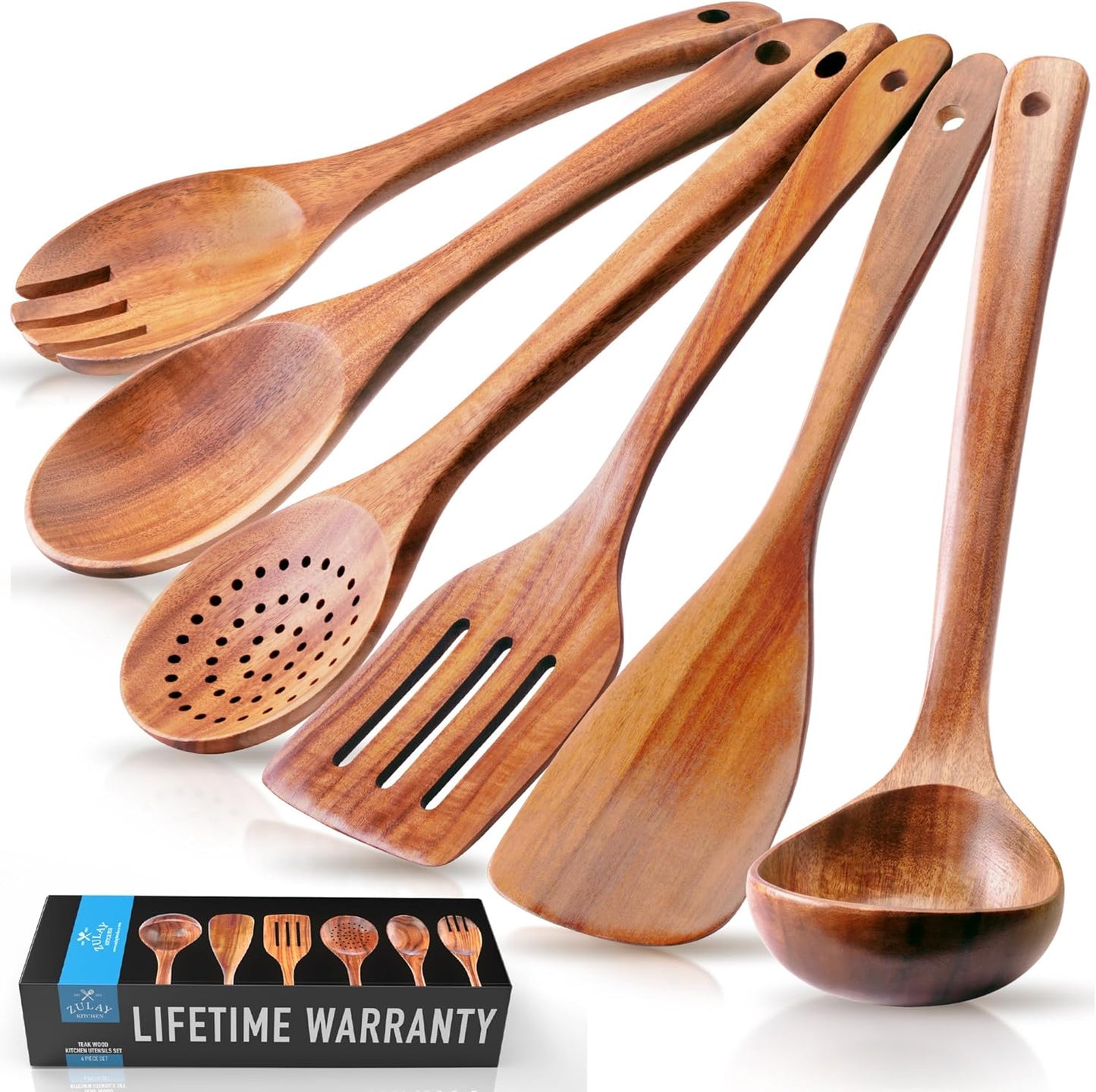 6-Piece Wooden Cooking Spoons Set – Heat-Resistant, Smooth Teak Utensils with Comfort Grip – Lightweight & Durable – Easy to Clean, Perfect for Non-Stick Cookware