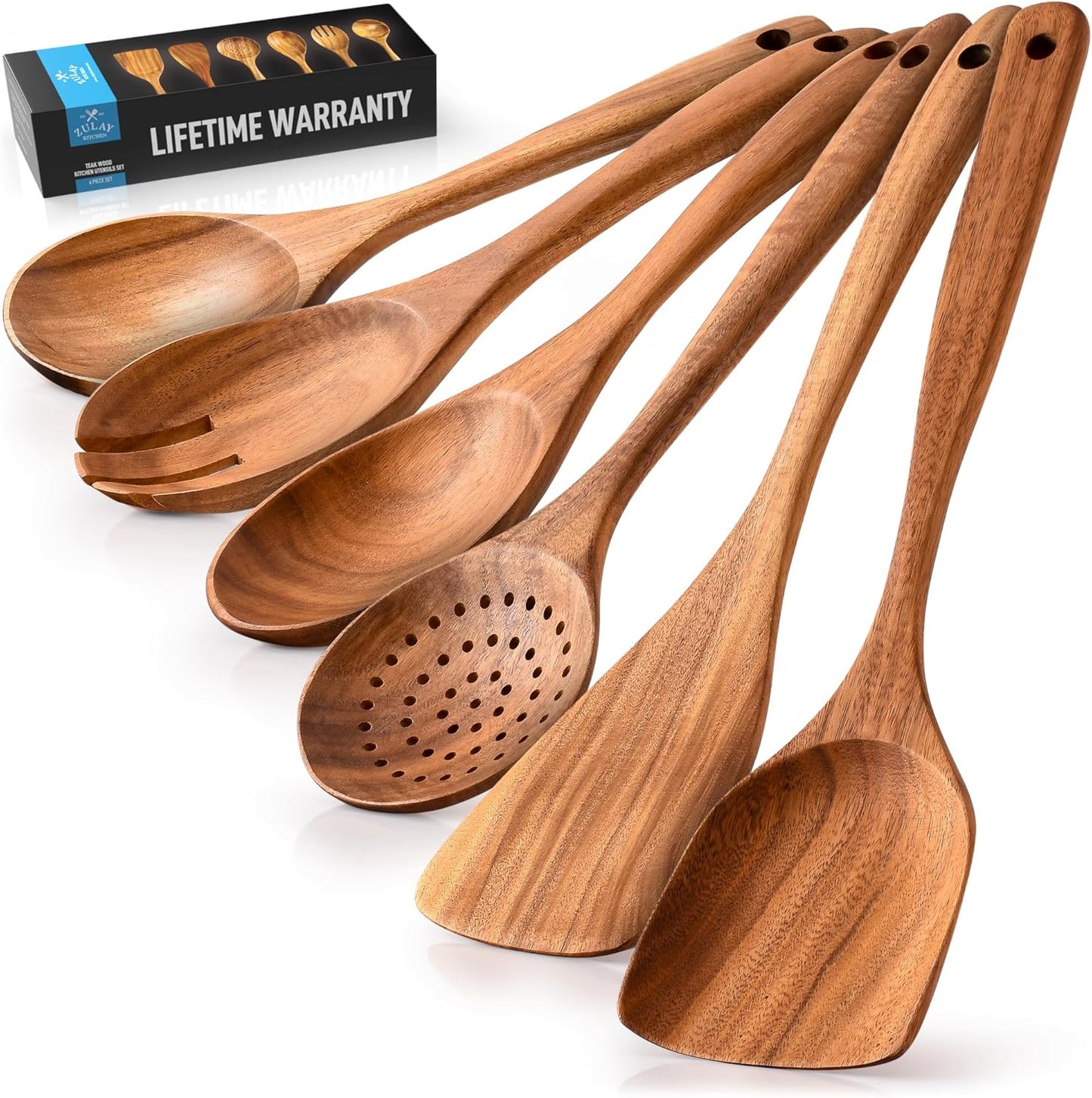 6-Piece Wooden Cooking Spoons Set – Heat-Resistant, Smooth Teak Utensils with Comfort Grip – Lightweight & Durable – Easy to Clean, Perfect for Non-Stick Cookware
