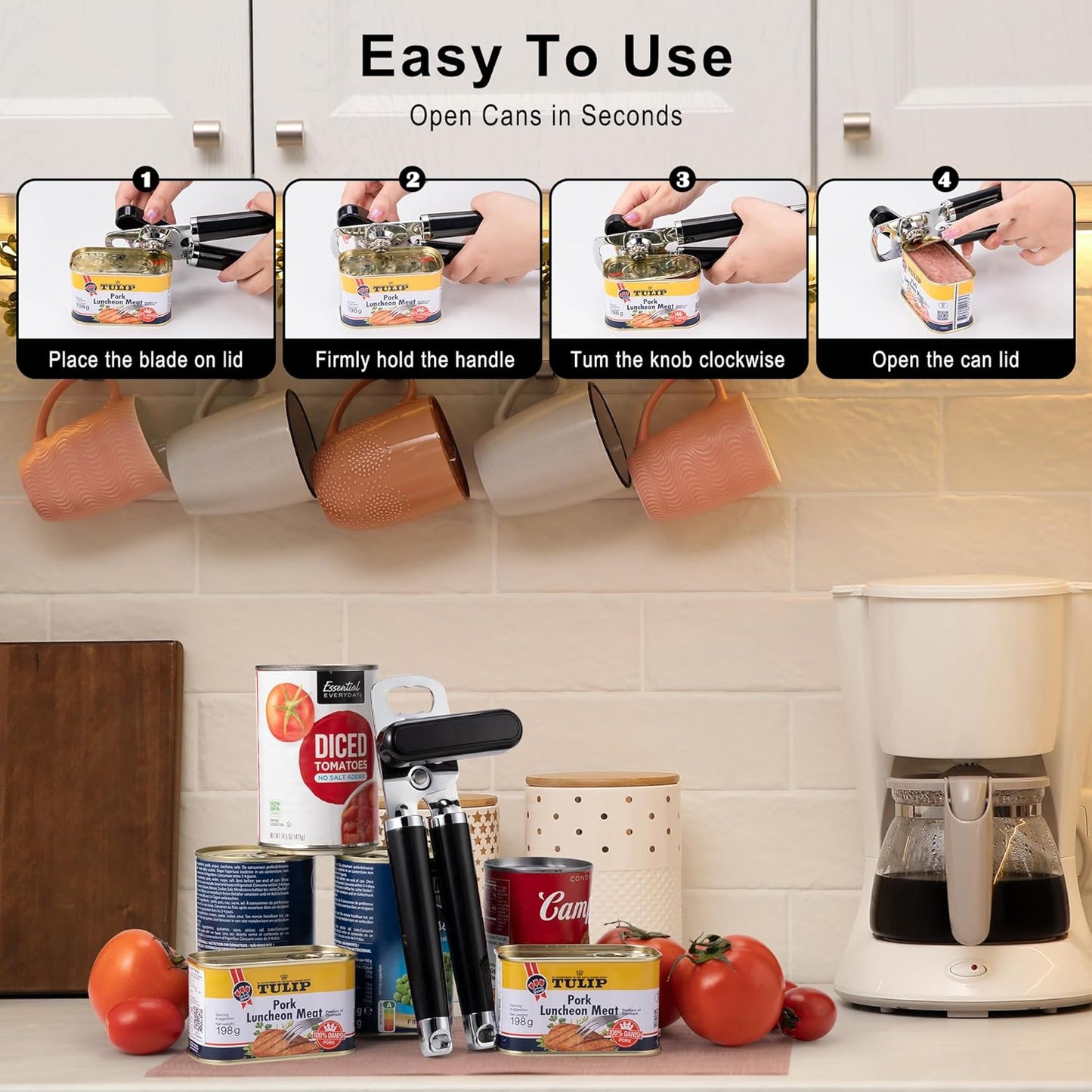 Classic Multifunction Can Opener and Bottle Opener Easy to Use, Razor Sharp Stainless Steel Cutting Wheel, Soft Ergonomic Handles