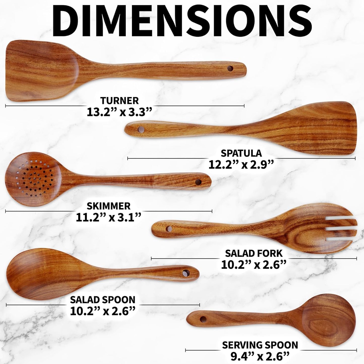 6-Piece Wooden Cooking Spoons Set – Heat-Resistant, Smooth Teak Utensils with Comfort Grip – Lightweight & Durable – Easy to Clean, Perfect for Non-Stick Cookware