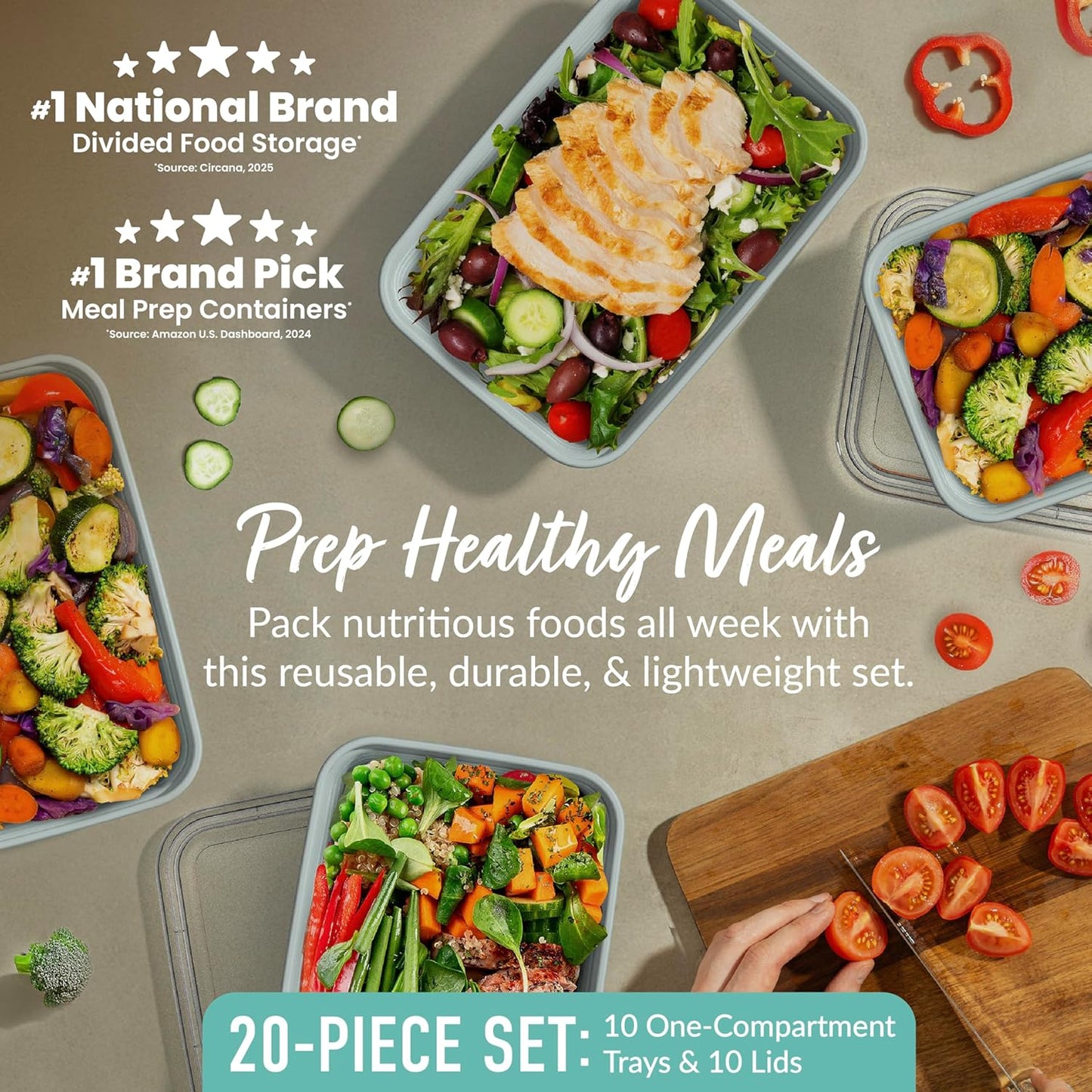 Prep - 20-Piece 1-Compartment Reusable Meal Prep Containers with Lids, PFAS & BPA Free Materials, Durable, Microwave, Freezer, & Dishwasher Safe To Go Food Storage