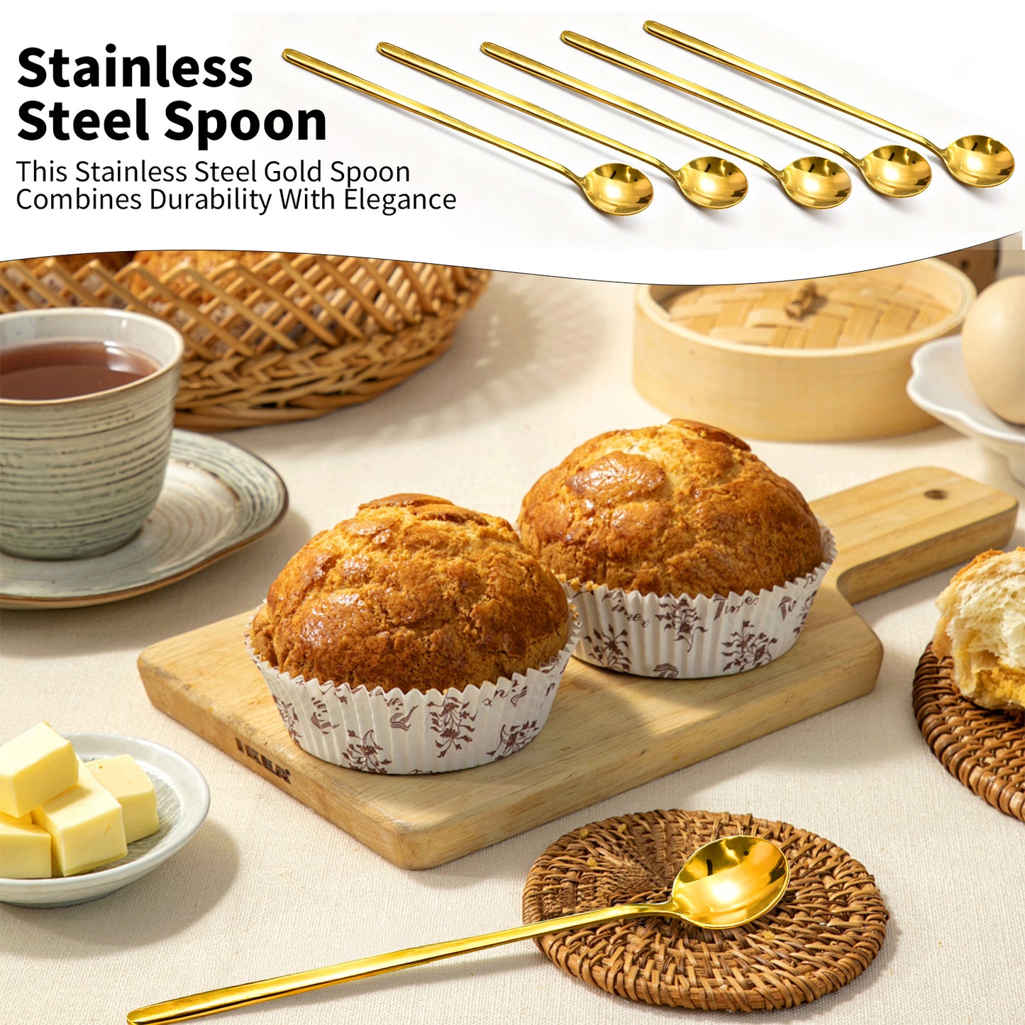 Gold Dessert Spoon Set, Are l 6-inch Stainless Steel Shiny Gold Teaspoon,Food Grade Stainless Steel teaspoons,Small Spoons for Home, Kitchen, Restaurant,Mirror Polished and Dishwasher Safe