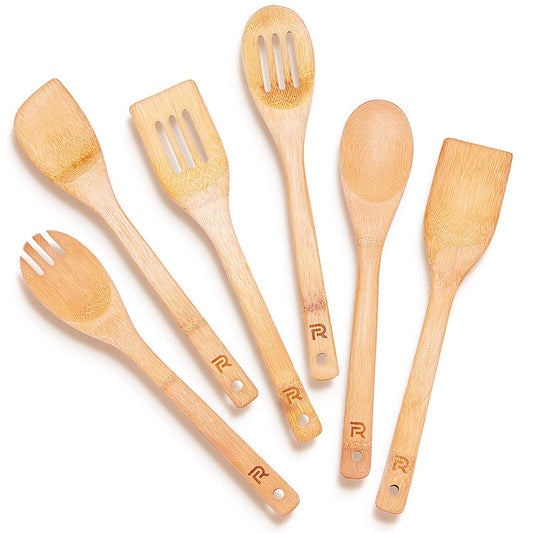 Bamboo Cooking Spoons 6-Piece – Wooden Cooking Utensils Set with Wooden Spoons for Cooking & Spatulas Wooden Utensil Sets – Premium Kitchen Utensils Set – Durable First Apartment Essentials