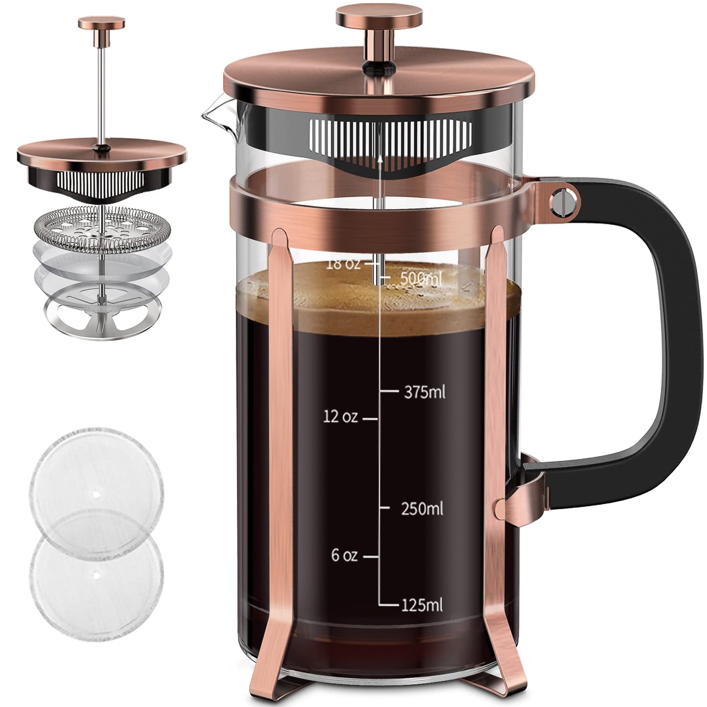 Coffee Maker 304 Stainless Steel French Press with 4 Filter, Heat Resistant Durable, Easy to Clean, Borosilicate Glass Coffee Press, 100% BPA Free Teapot, 21 ounce, copper