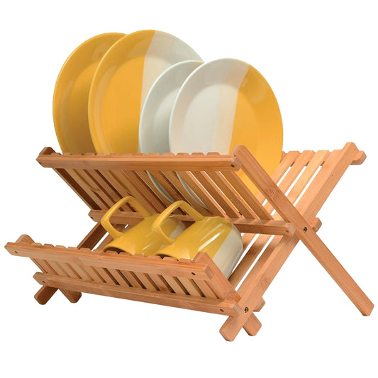 Dish Drying Rack - Collapsible 2-Tier Bamboo Dish Rack for Kitchen Counter, Wooden Dish Drainer with Foldable Space-Saving Design - Drying Rack for Dishes, Plates, and Cups - Housewarming Gift