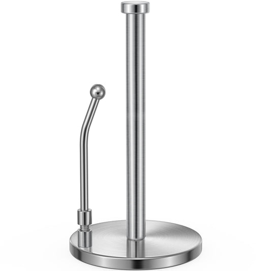 Paper Towel Holder, Paper Towel Dispenser Standing Weighted Base Non Slip, Spring Arm for Easy Tear, Stainless Steel Paper Towel Holder for Home Kitchen Countertop Tabletop, Silver