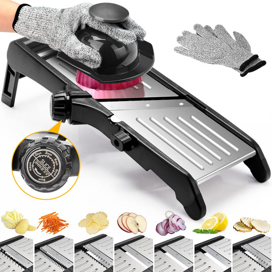 Mandoline Food slicer for kitchen, Adjustable Stainless Steel Mandoline Vegetable slicer, Food slicer Onion Potato Chip French Fry, 7 in-1 Adjustable Blade, Including 1 Pair Cut-Resistant Gloves