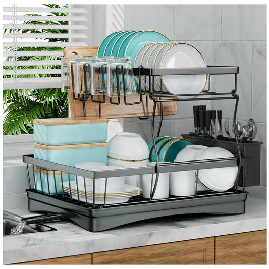 Large Dish Drying Rack for Kitchen Counter, Detachable Large Capacity Dish Drainer Organizer, 2-Tier Dish Racks with Utensil Holder