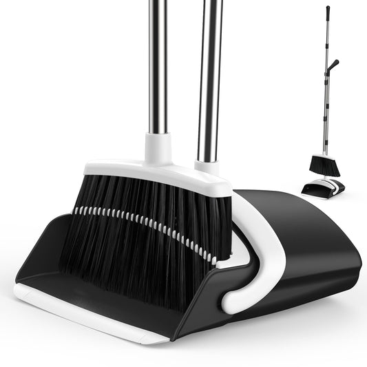 Broom and Dustpan Set for Home, 51-in Long Adjustable Handle Angle Broom and Dustpan Combo Set with Dust Pan Teeth to Clean Hair for Home Kitchen Office Lobby Floor Garden