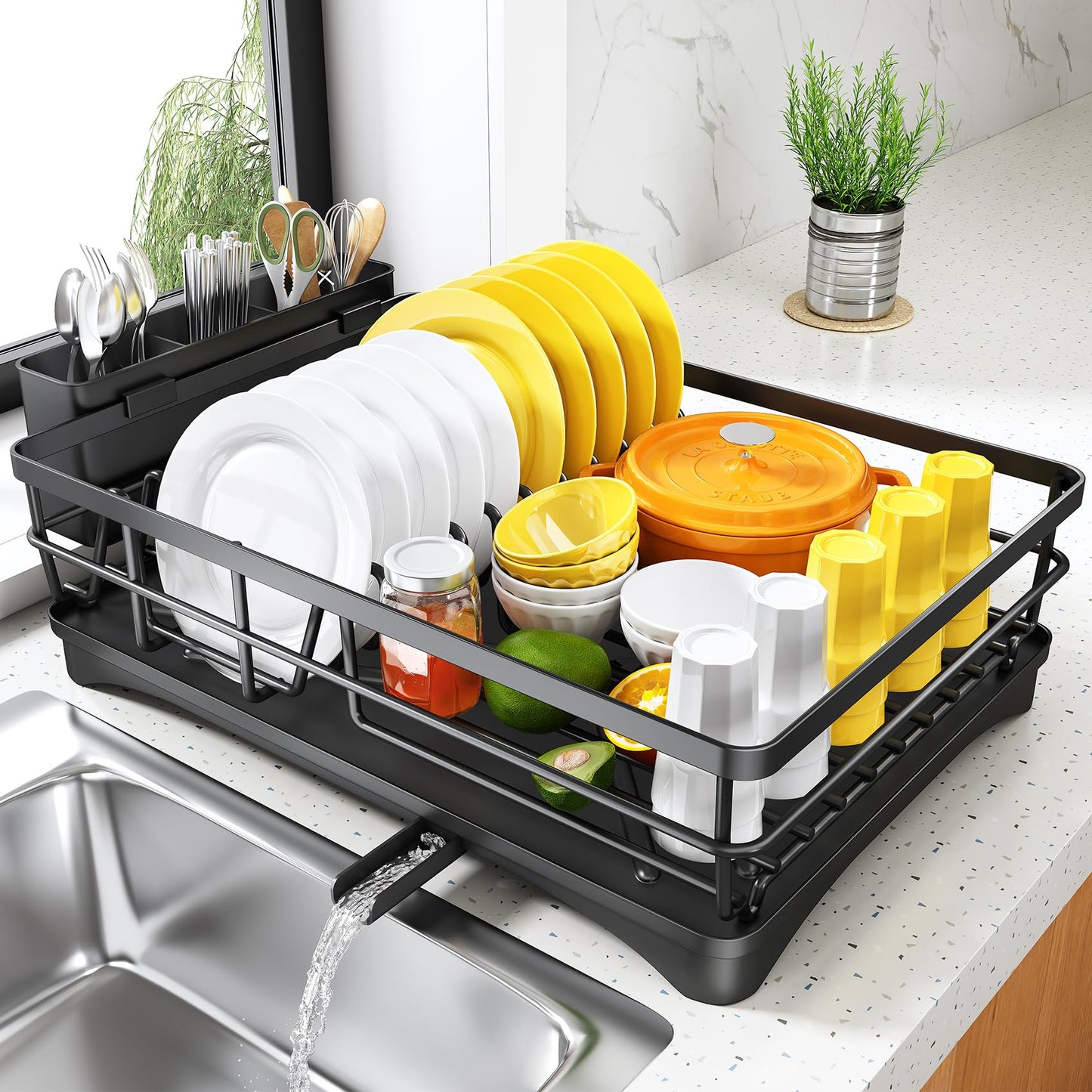 Dish Drying Rack for Kitchen Counter - Large Dish Rack with Drainboard, Rustproof Dish Drainer with Utensil Holder for Sink