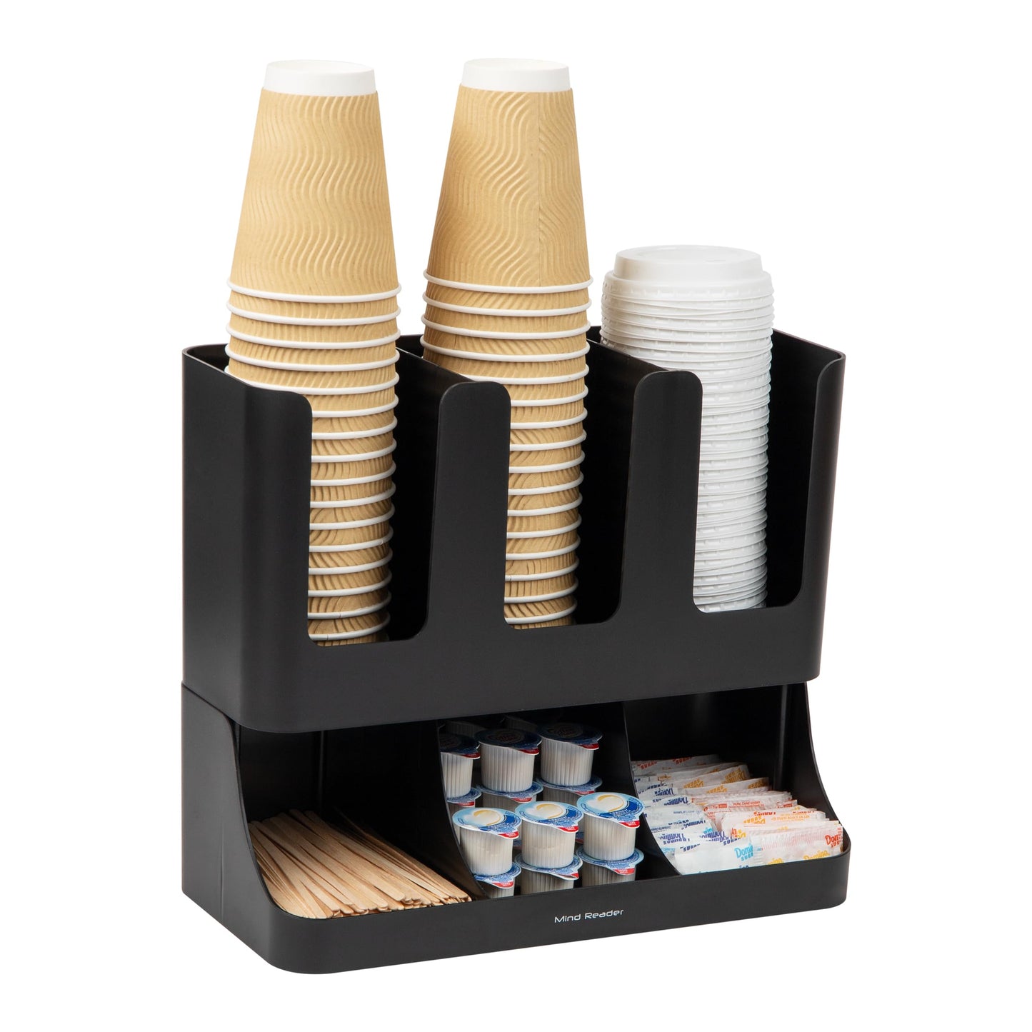6 Compartment Upright Breakroom Coffee Condiment and Cup Storage Organizer