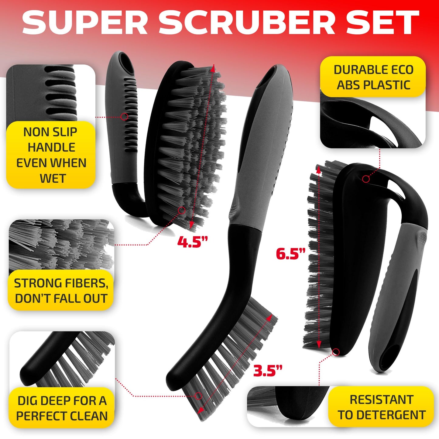 Scrub Brush Set of 3pcs - Cleaning Shower Scrubber with Ergonomic Handle and Durable Bristles - Grout Cleaner Brush - Scrub Brushes for Cleaning Bathroom/Shower/Tile/Kitchen/Floor/Bathtub/Carpet