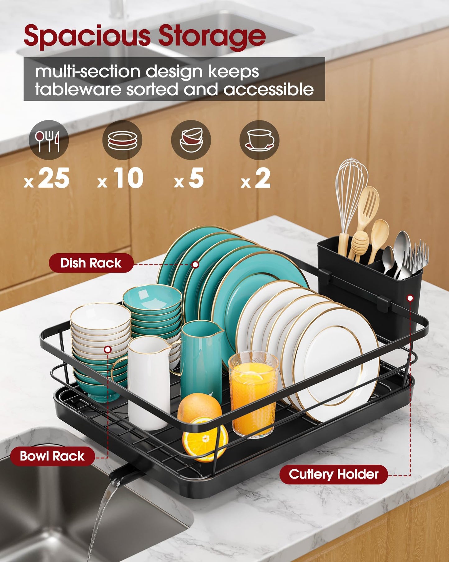 Stainless Steel Dish Drying Rack for Kitchen Counter, Sink Organization and Storage Essentials with Silverware & Utensil Holder, Home and Apartment Decor, 12''W x 15.6''L