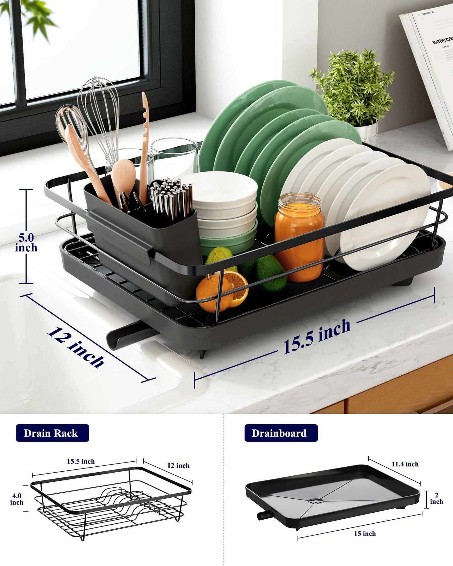 Dish Drying Rack for Kitchen Counter, Stainless Steel Sink Organization and Storage Essentials with Cutlery Holder, Home and Appartment Decor, 12''W x 15.5''L