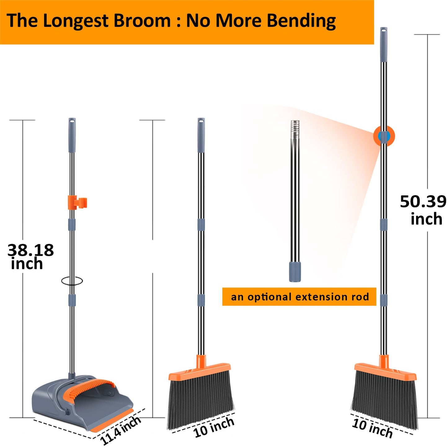 Upgrade Broom and Dustpan Set, Self-Cleaning with Dustpan Teeth, Indoor&Outdoor Sweeping, Ideal for Dog Cat Pets Home Use, Stand Up Broom and Dustpan