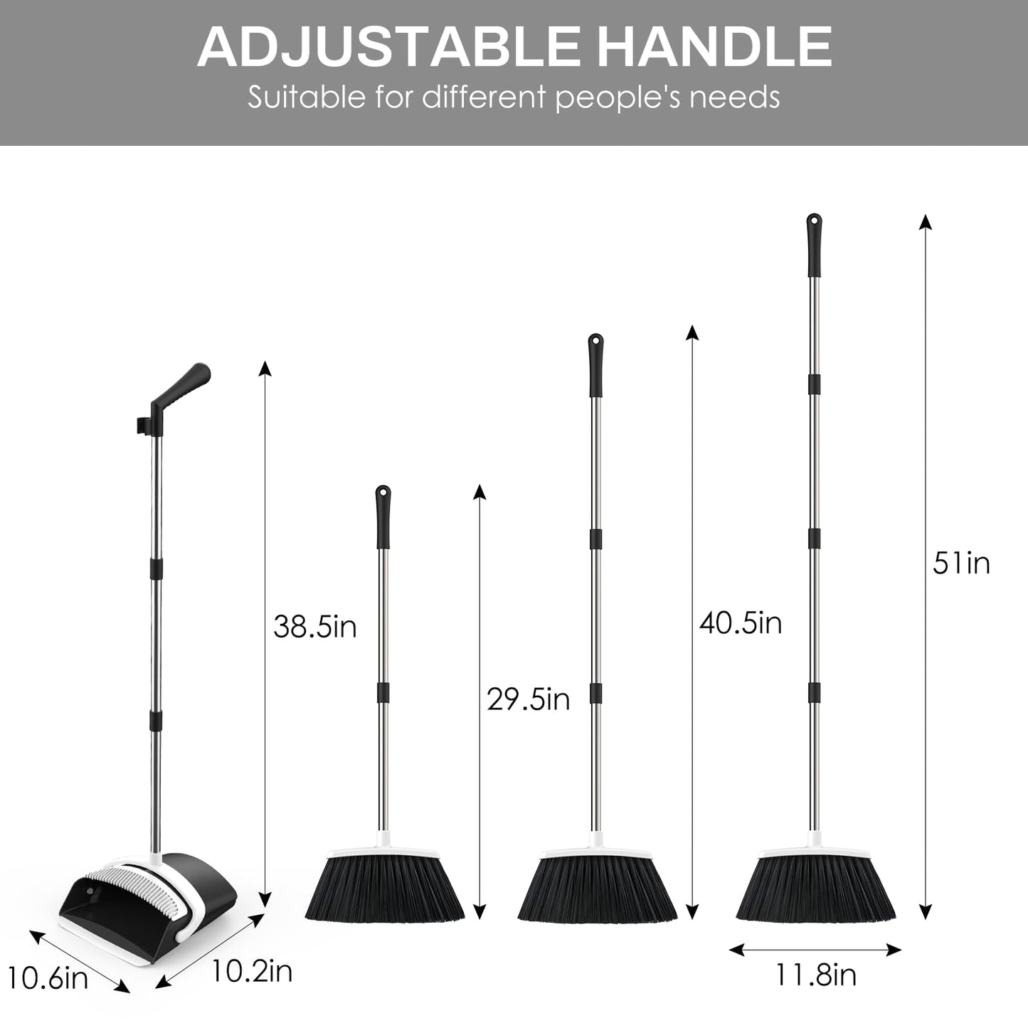 Broom and Dustpan Set for Home, 51-in Long Adjustable Handle Angle Broom and Dustpan Combo Set with Dust Pan Teeth to Clean Hair for Home Kitchen Office Lobby Floor Garden