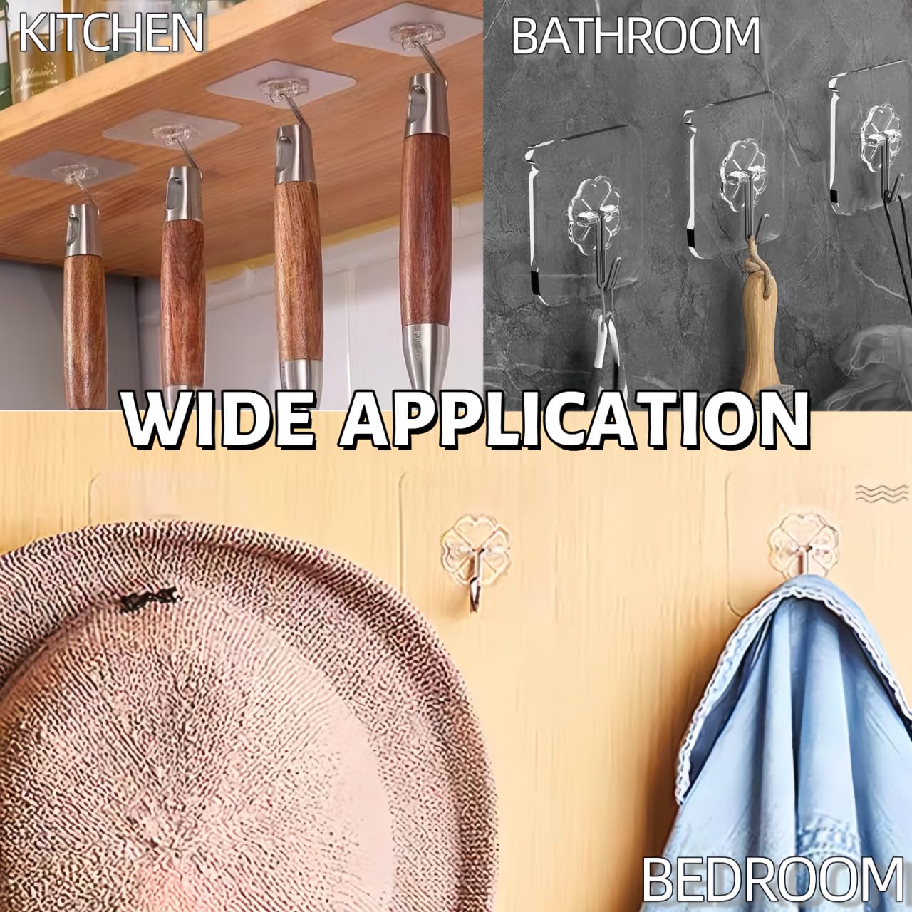 24 Packs Hooks for Hanging 50lb Wall Hooks Transparent Reusable Waterproof Adhesive Hook for Kitchen Curtain, Towel Hook for Bathrooms, Heavy Duty Self Coat Hook for Walls No Damage