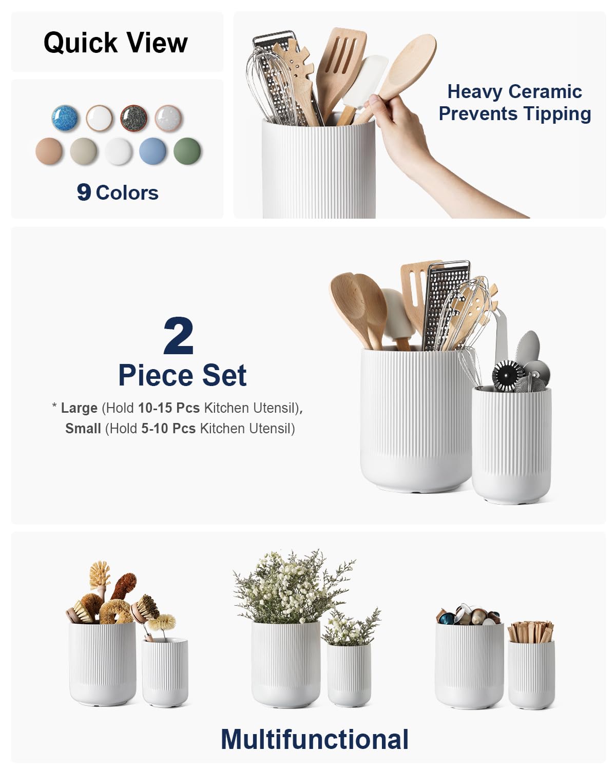 Utensil Holder, 7.3"+5.4" Ceramic Kitchen Utensil Holder for Countertop, Large Cooking Utensil Crocks for Kitchen Counter Decor, Morden Utensil Organizer for Spatula, Set of 2, White