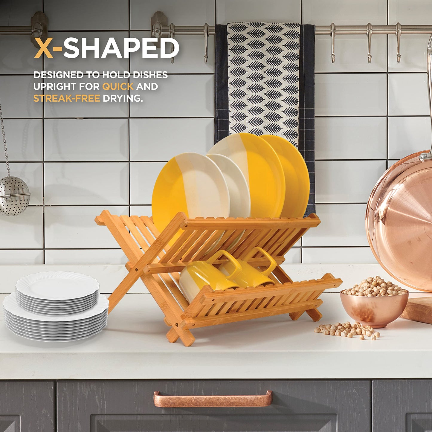 Dish Drying Rack - Collapsible 2-Tier Bamboo Dish Rack for Kitchen Counter, Wooden Dish Drainer with Foldable Space-Saving Design - Drying Rack for Dishes, Plates, and Cups - Housewarming Gift