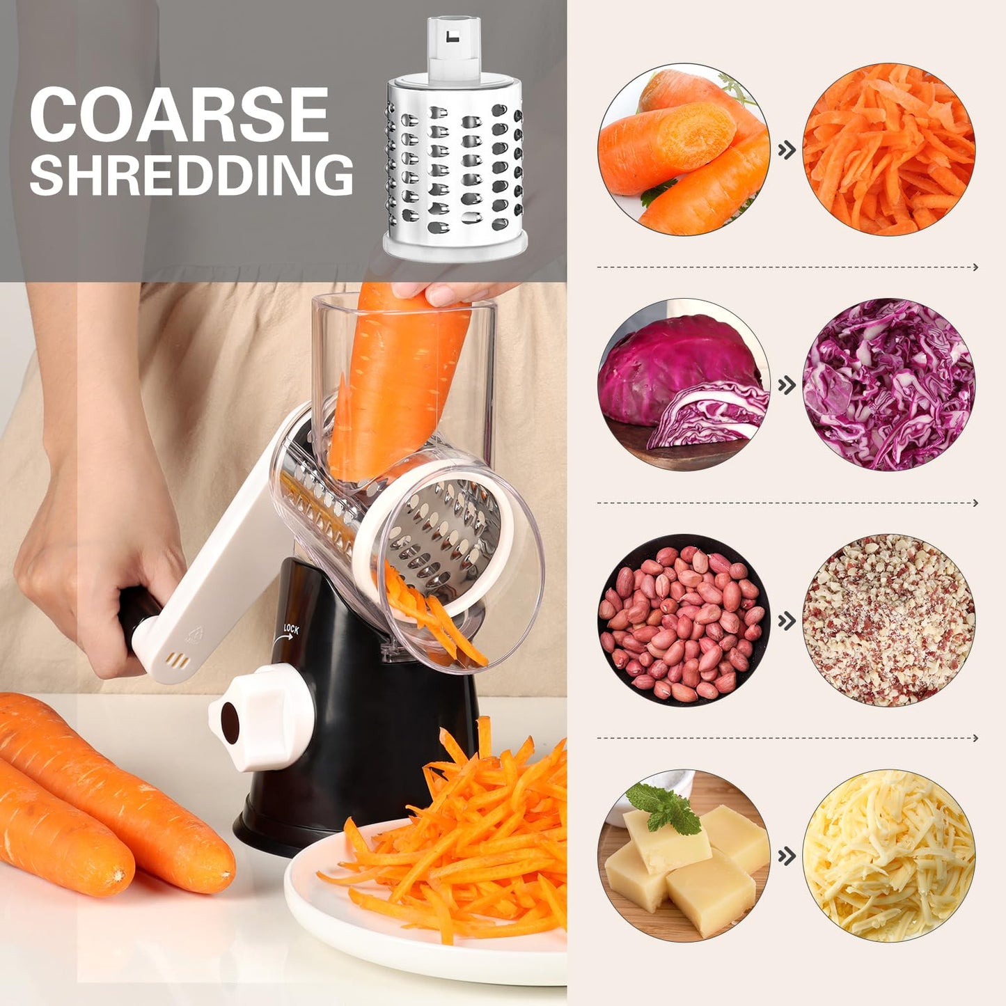Rotary Cheese Grater Hand Crank Cheese Shredder for Fresh Cheese, Vegetable, Nuts,Non-slip Suction Base, Free Cleaning Brush Three Blades
