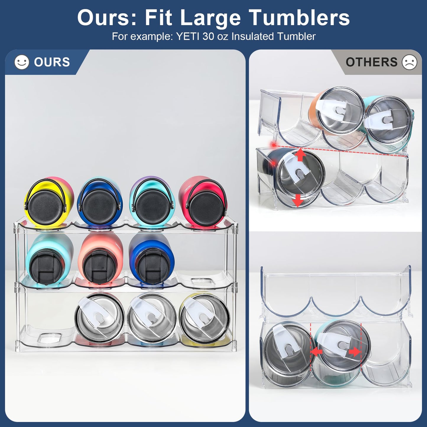 LARGER Compartment - 3 Tier Stackable Water Bottle Organizer Holder - for Stanley 40oz & Others' Large Tumbler - Clear Wine Rack, 12 Cup Bottle Holder for Cabinet Home Countertop Fridge Pantry Shelf