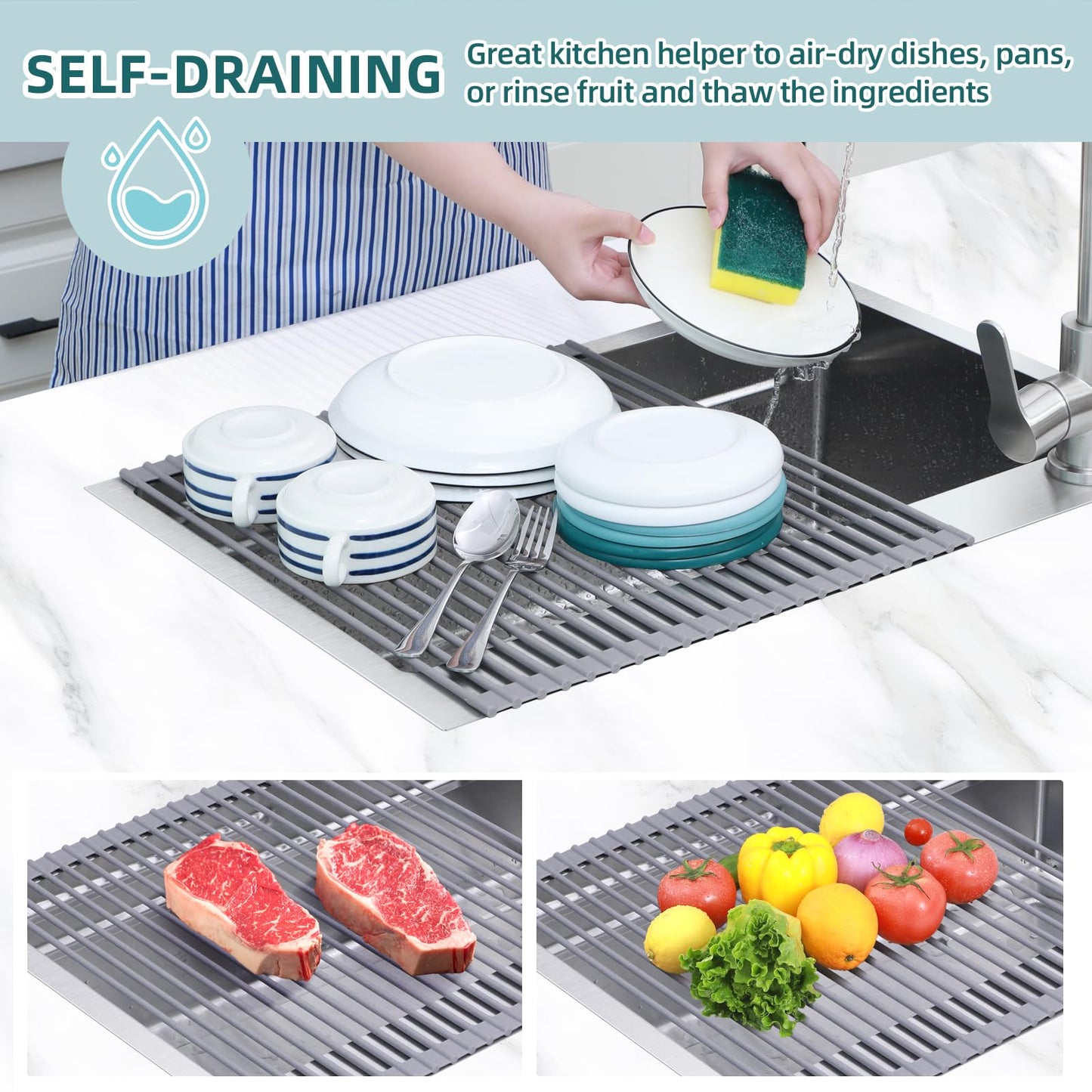 Over Sink Dish Drying Rack, Silicone Wrapped 17.6" W x 15.4" L Large Over The Sink Roll Up Dish Drainer - Foldable Sink Drying Rack Rolling Drain Mats Anti-Slip Multipurpose for Kitchen Counter