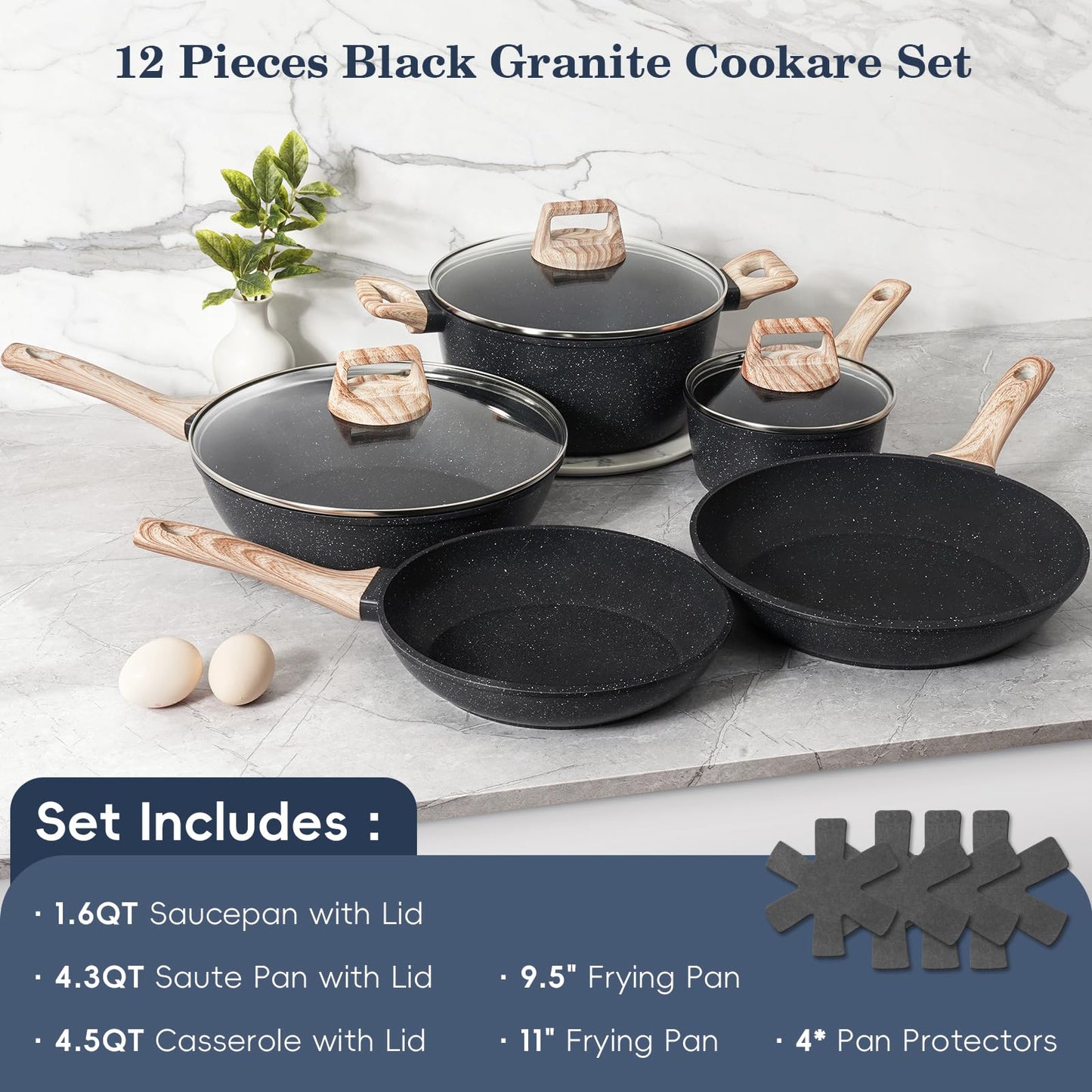 12 Pcs Pots and Pans Set, Nonstick Cookware Sets Black Granite Induction Cookware, Non-toxic Healthy Non Stick Kitchen Cooking Set with Frying Pans Set, Saucepans,Steamer