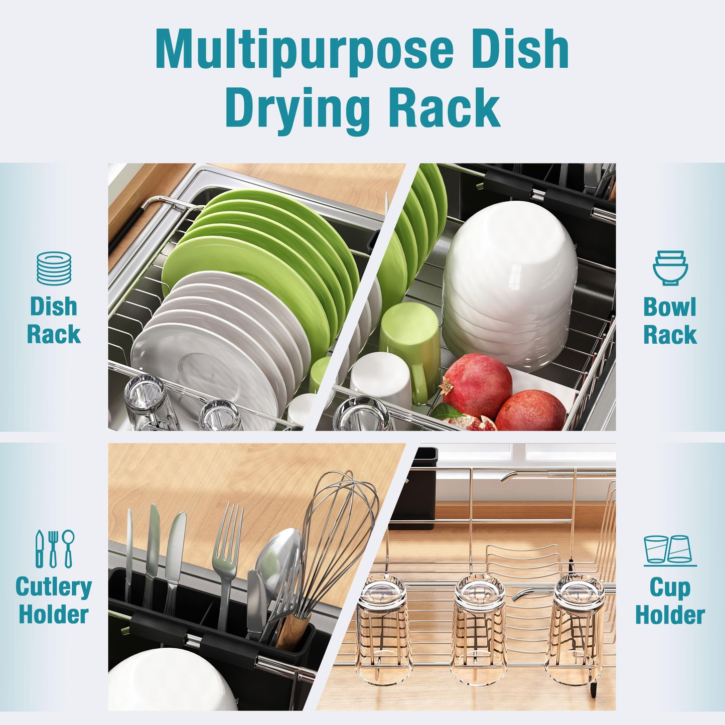 Dish Drying Rack in Sink, Expandable Stainless Steel Dish Drainers for Kitchen Counter, Dish Dryer Rack for Inside Sink, Over The Sink Dish Racks with Utensil Holder