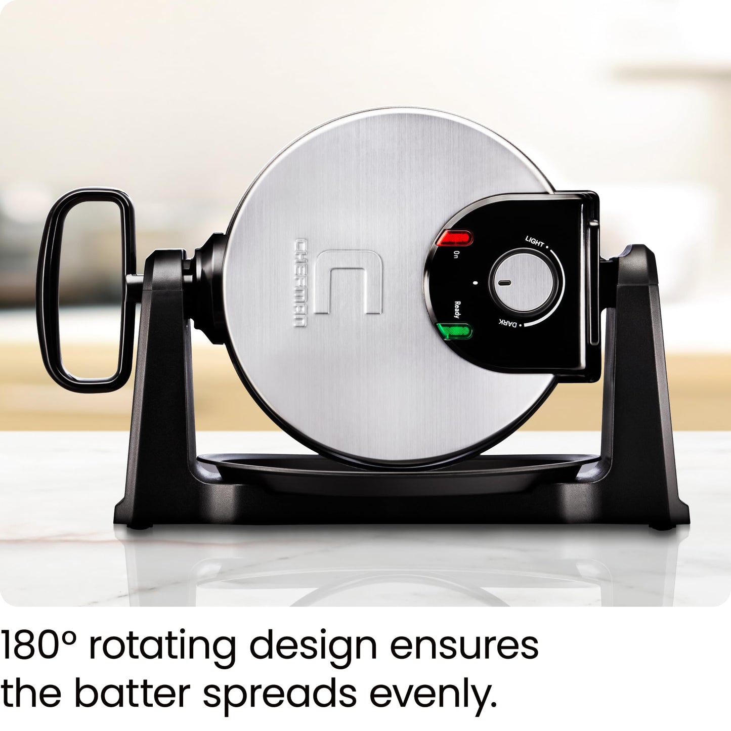 Rotating Belgian Waffle Maker, 180° Flip Iron w/ Non-Stick Plates, Adjustable Timer, Locking Lid, & Drip Plate, Space Saving Storage, Mess-Free Breakfast, Stainless Steel