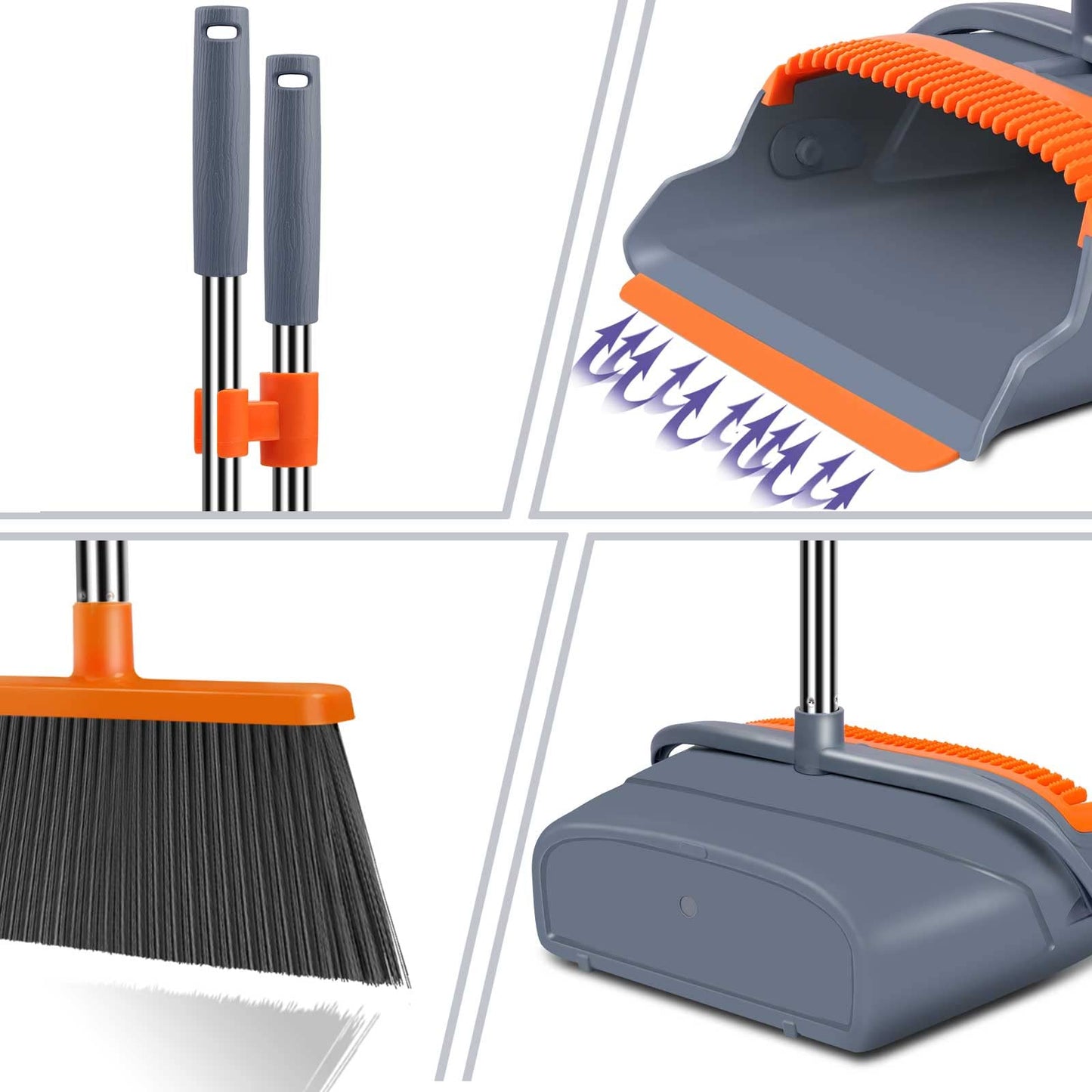 Upgrade Broom and Dustpan Set, Self-Cleaning with Dustpan Teeth, Indoor&Outdoor Sweeping, Ideal for Dog Cat Pets Home Use, Stand Up Broom and Dustpan