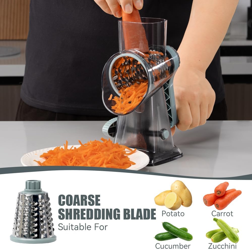 Rotary Cheese Grater Hand Crank Transparent - Shredder Slicer Grinder 3 Stainless Steel Blades, Stable Suction, Labor-Saving Handle, Safe Kitchen Tool for Cheese, Vegetable, Nuts, Chocolate