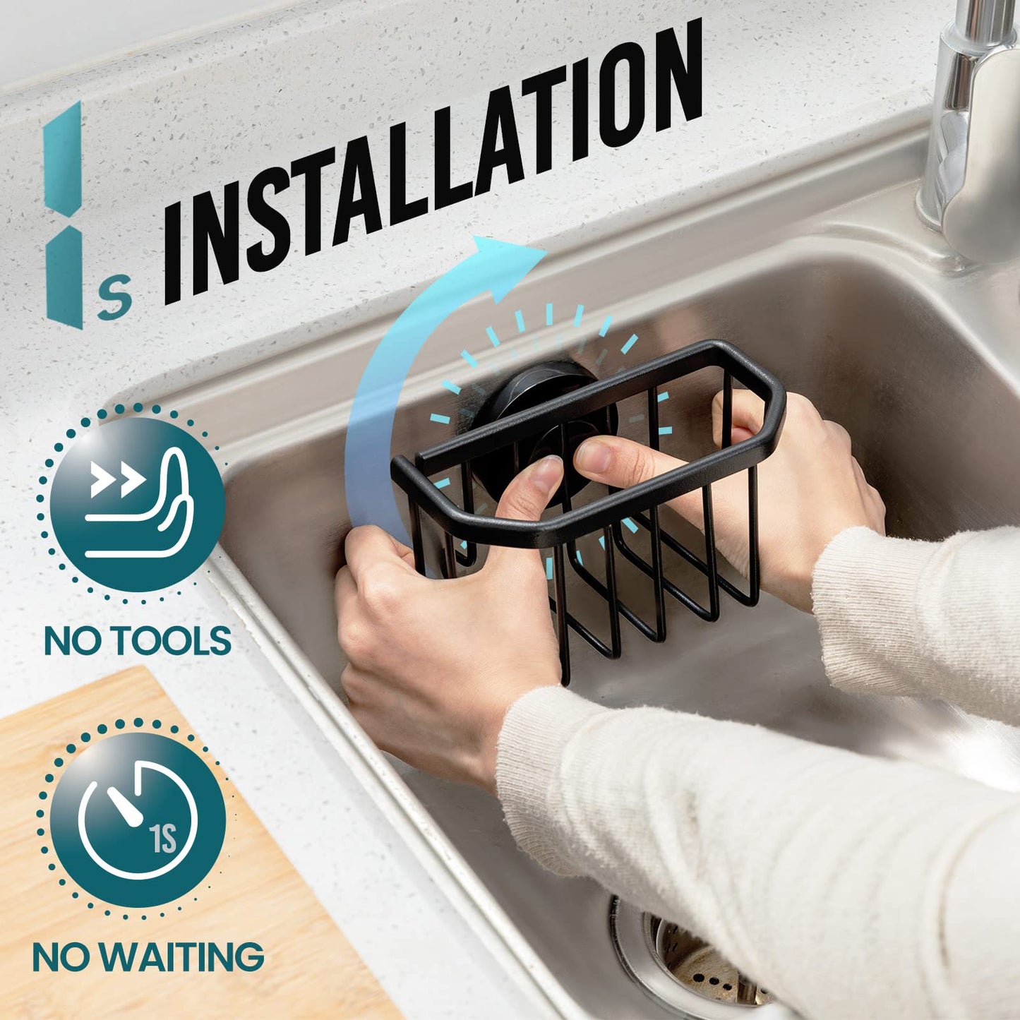 Sponge Holder with Strong Suction Cup, Dish Sponge Caddy Inside Sink Removable, Rustproof Aluminum for Sponges, Brushes, Stoppers and Scrapers