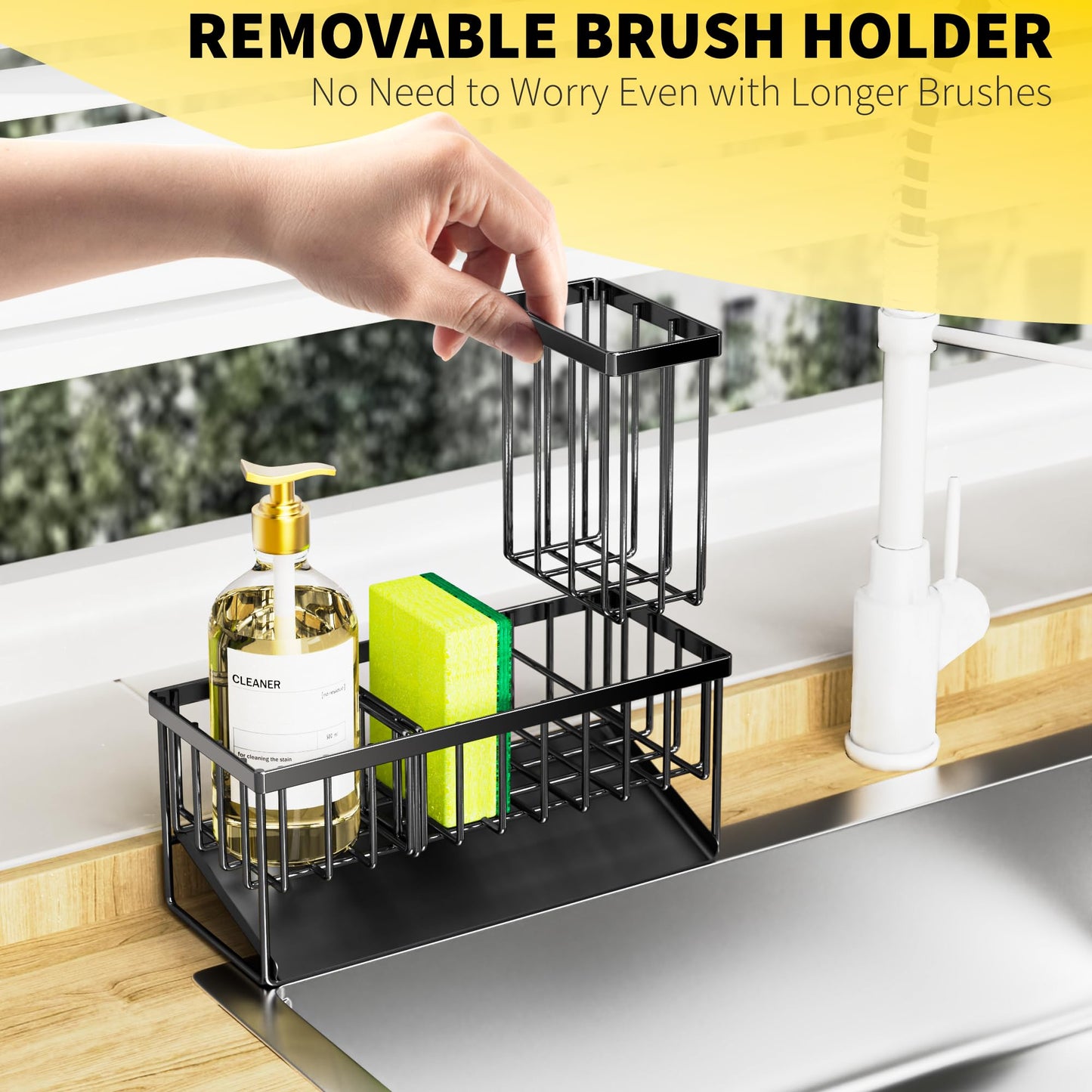 Kitchen Sink Caddy Organzier with High Brush Holder, Sponge Holder for Sink, 304 Rustproof Stainless, Kitchen Countertop Soap Dispenser Organizer, Kitchen Decor and Accessories