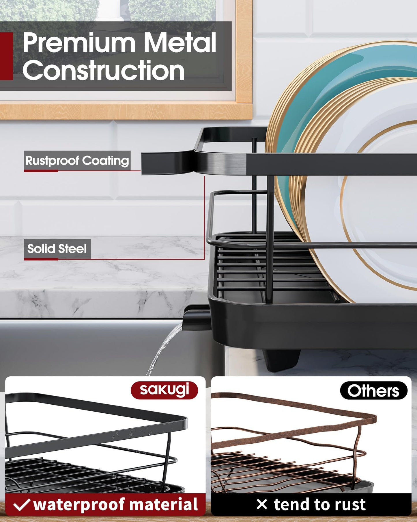 Stainless Steel Dish Drying Rack for Kitchen Counter, Sink Organization and Storage Essentials with Silverware & Utensil Holder, Home and Apartment Decor, 12''W x 15.6''L