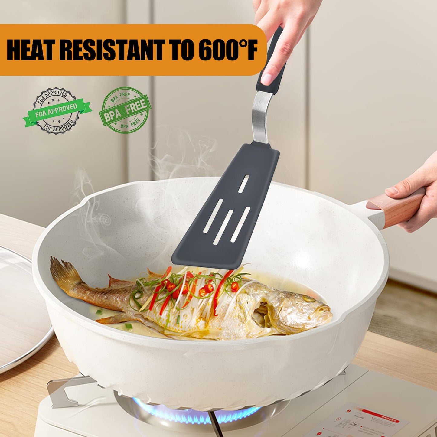 Silicone spatula three piece set, heat-resistant cooking spatula, suitable for non stick cookware, large flexible kitchen utensils, Bisphenol A-free rubber spatula, used for eggs, pancakes, fish, hamburgers