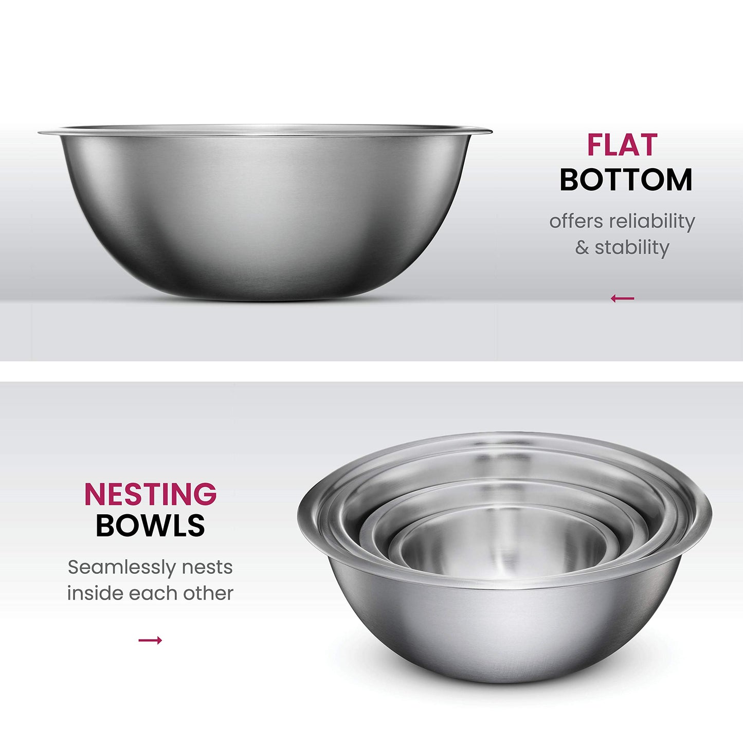 Stainless Steel Mixing Bowls Set, Dishwasher Safe, Up To 8 Quart Metal Mixing Bowls For Kitchen, Nesting, Large, Small, Big Food Prep, Cooking, Baking