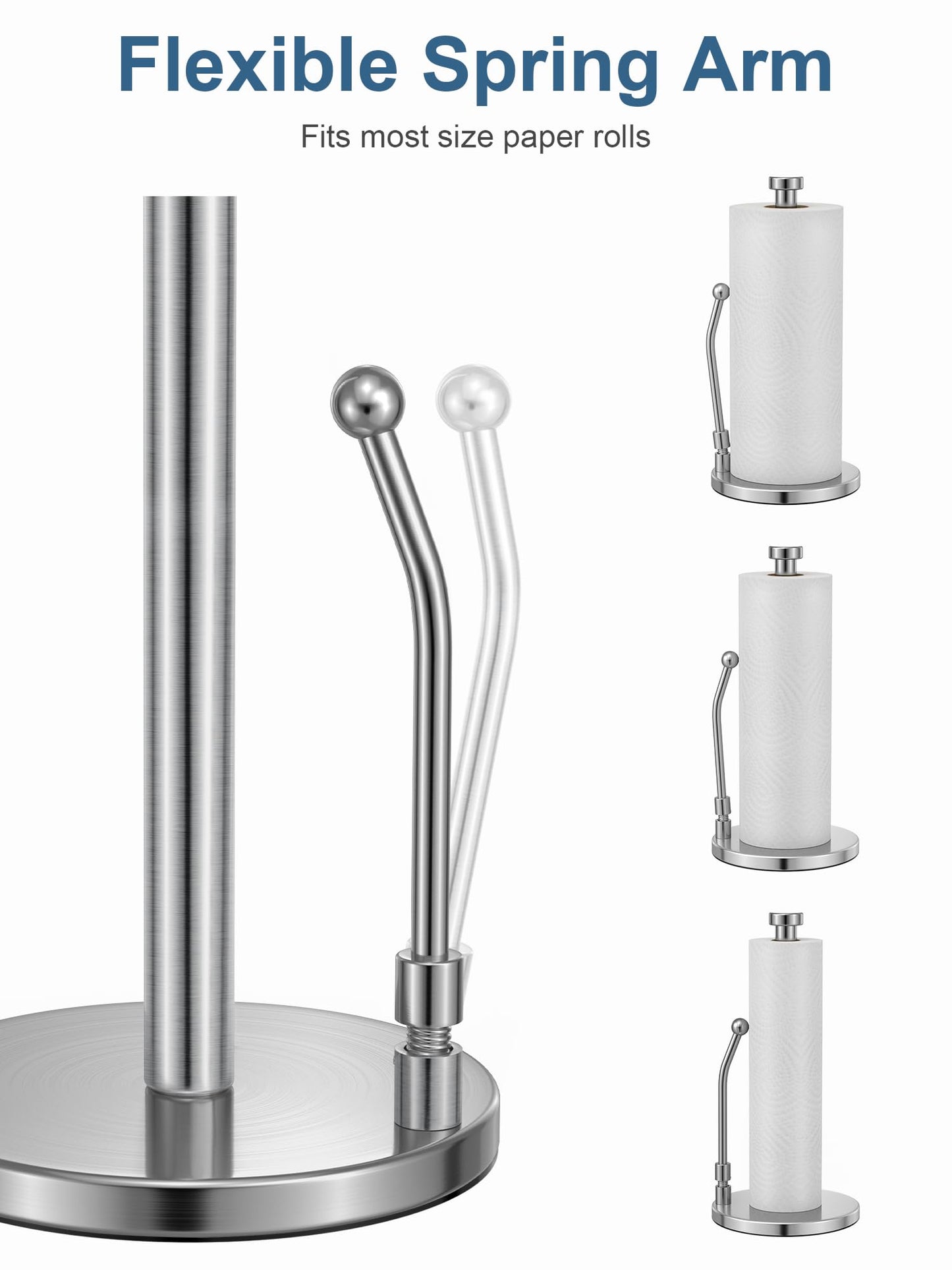 Paper Towel Holder, Paper Towel Dispenser Standing Weighted Base Non Slip, Spring Arm for Easy Tear, Stainless Steel Paper Towel Holder for Home Kitchen Countertop Tabletop, Silver