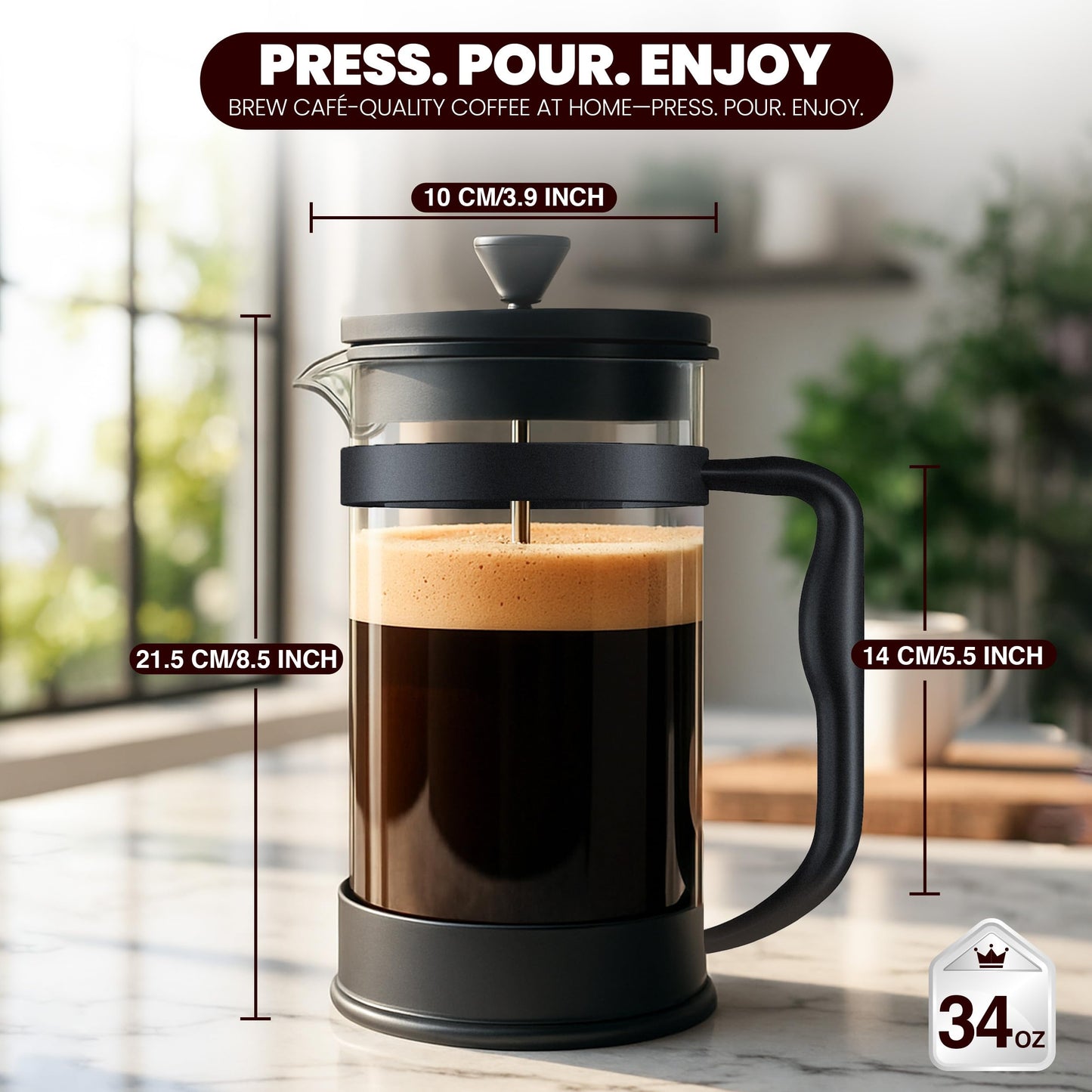 34 Ounce 1 Liter French Press Coffee Maker, Tea Maker, Travel Coffee Presses, Heat Resistant Thickened Borosilicate Coffee Pot for Camping Travel Gifts