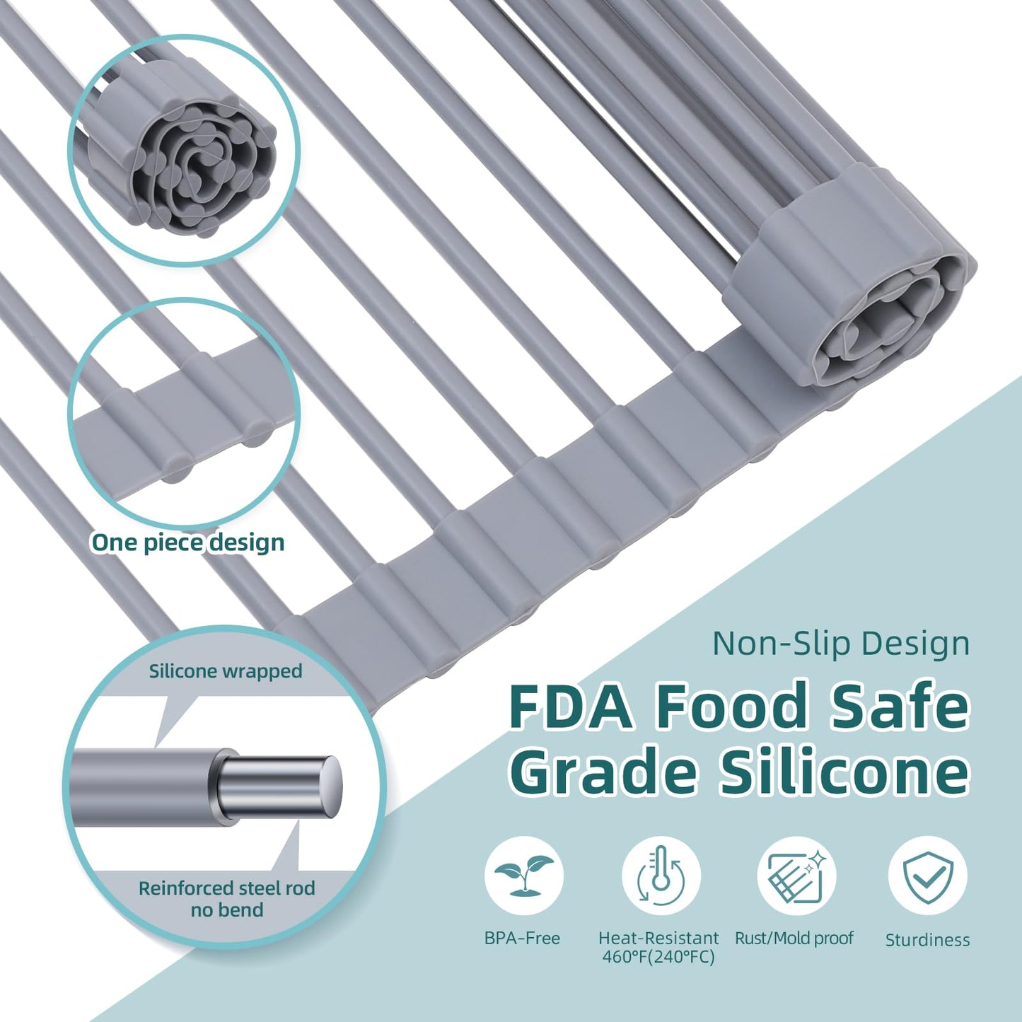 Over Sink Dish Drying Rack, Silicone Wrapped 17.6" W x 15.4" L Large Over The Sink Roll Up Dish Drainer - Foldable Sink Drying Rack Rolling Drain Mats Anti-Slip Multipurpose for Kitchen Counter