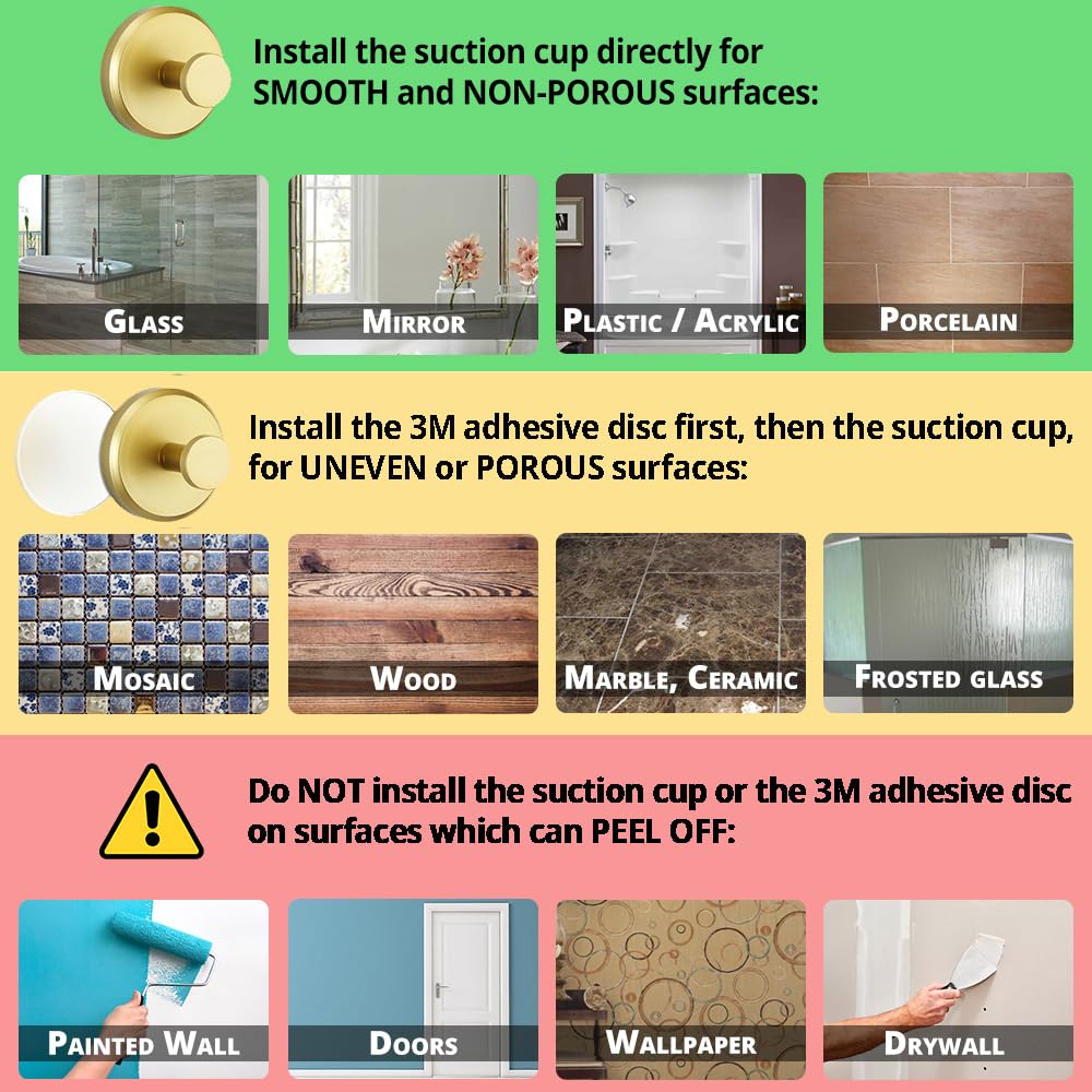 uction Cup Hooks for Shower, Bathroom, Kitchen, Glass Door, Mirror, Tile – Loofah, Towel, Coat, Bath Robe Hook Holder for Hanging up to 15 lbs – Waterproof, Matte Brushed Satin Gold