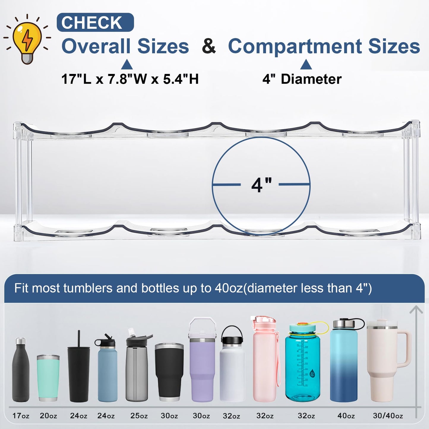LARGER Compartment - 3 Tier Stackable Water Bottle Organizer Holder - for Stanley 40oz & Others' Large Tumbler - Clear Wine Rack, 12 Cup Bottle Holder for Cabinet Home Countertop Fridge Pantry Shelf