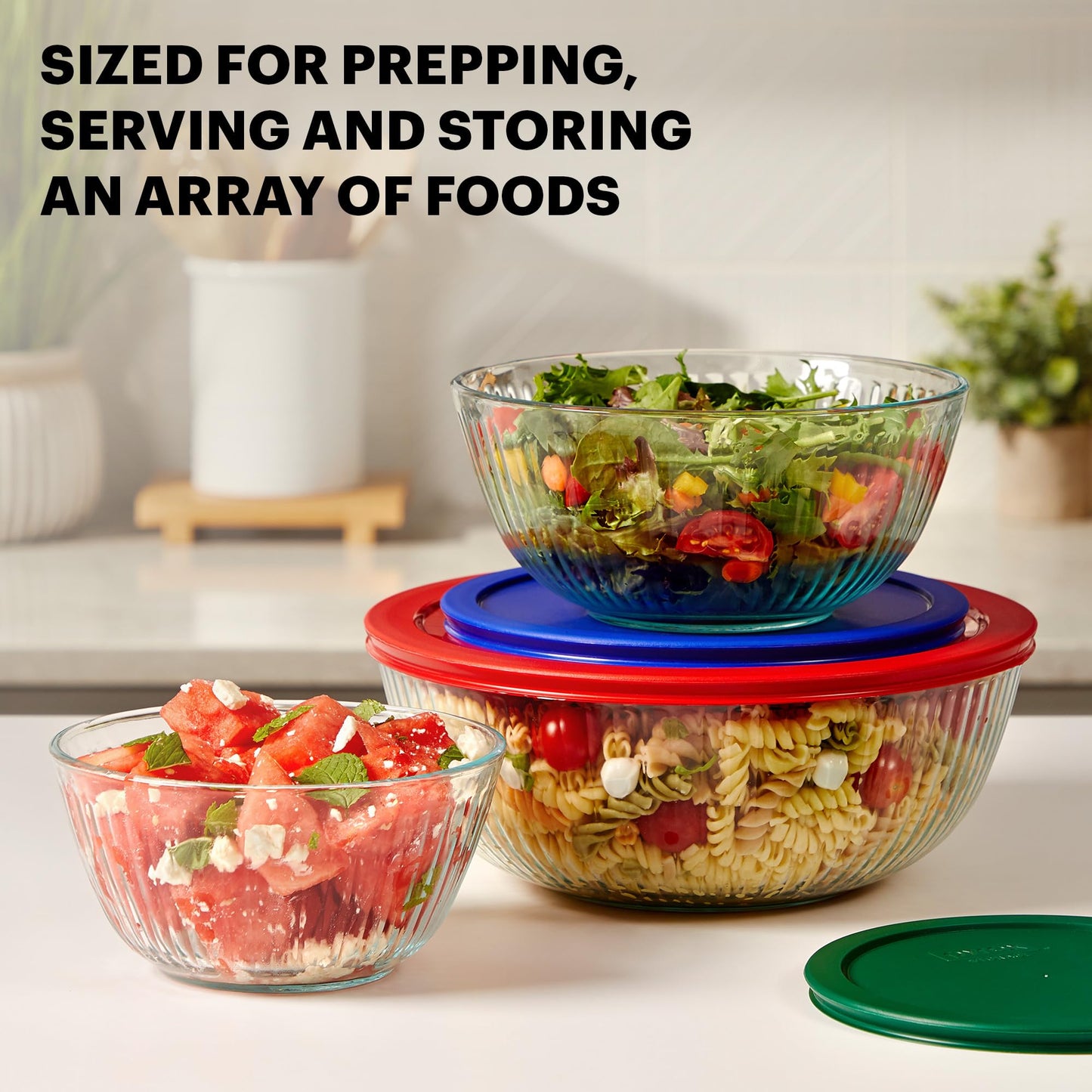 Sculpted (3-Pack) Glass Mixing Bowls Set With Lids For Prepping, Baking and Cooking, Preheated Oven, Dishwasher, Freezer, and Microwave Safe