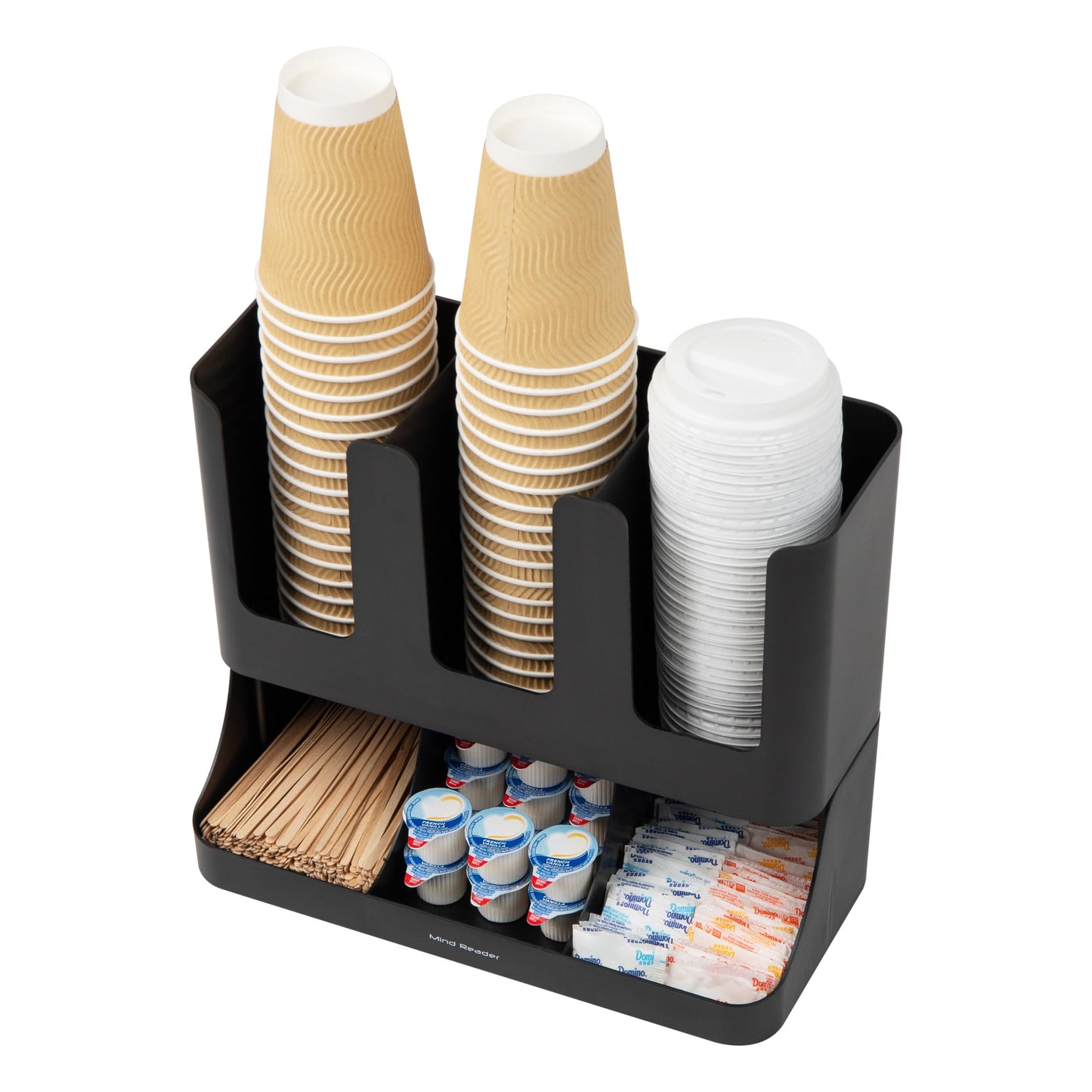 6 Compartment Upright Breakroom Coffee Condiment and Cup Storage Organizer