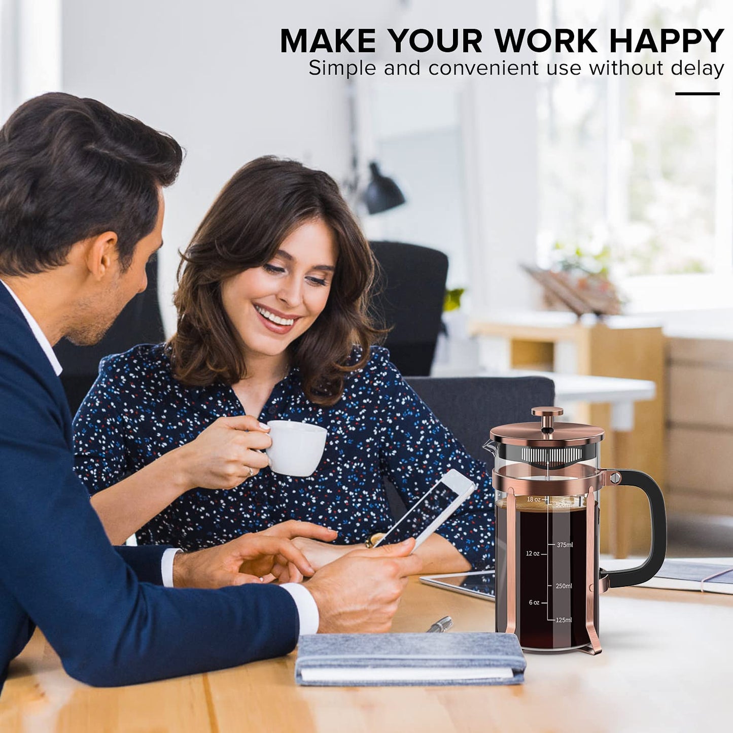 Coffee Maker 304 Stainless Steel French Press with 4 Filter, Heat Resistant Durable, Easy to Clean, Borosilicate Glass Coffee Press, 100% BPA Free Teapot, 21 ounce, copper