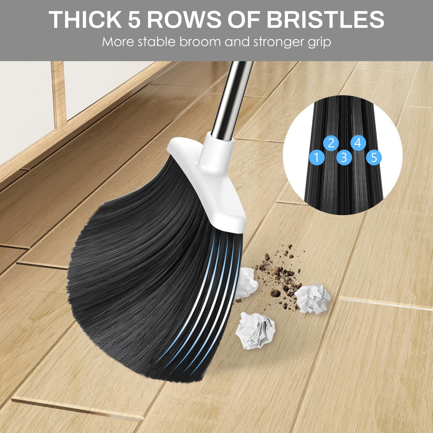 Broom and Dustpan Set for Home, 51-in Long Adjustable Handle Angle Broom and Dustpan Combo Set with Dust Pan Teeth to Clean Hair for Home Kitchen Office Lobby Floor Garden