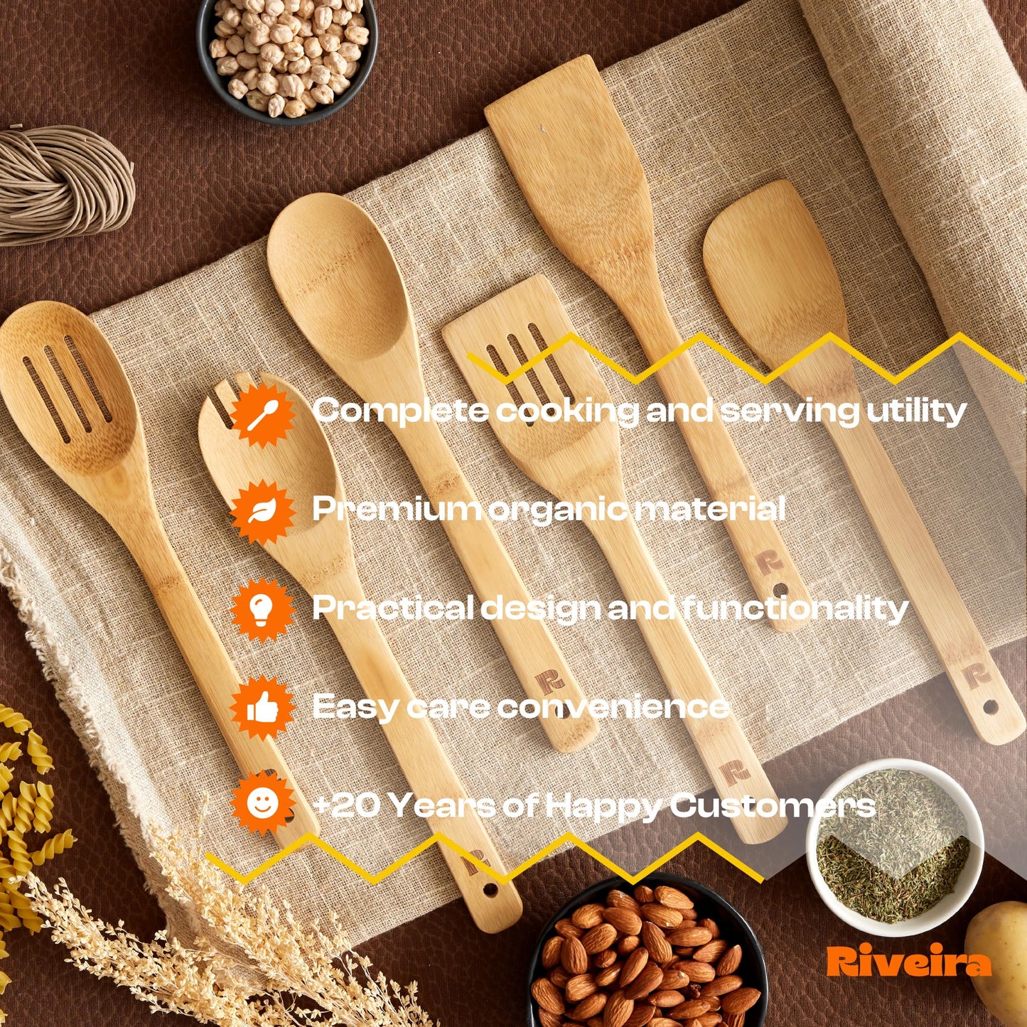 Bamboo Cooking Spoons 6-Piece – Wooden Cooking Utensils Set with Wooden Spoons for Cooking & Spatulas Wooden Utensil Sets – Premium Kitchen Utensils Set – Durable First Apartment Essentials